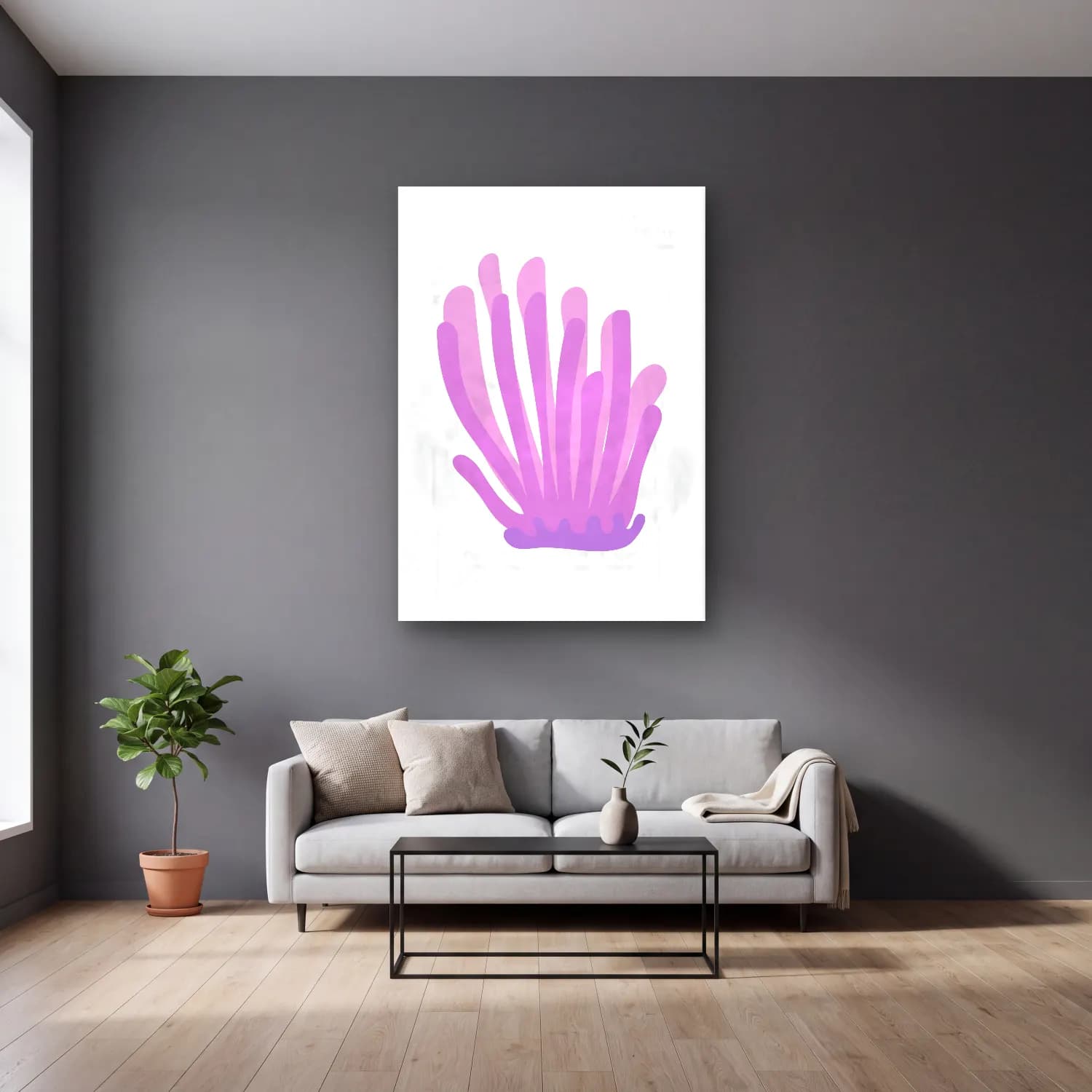 Pastel Denizanası No. 5 cam tablo — gri duvarlı salonda