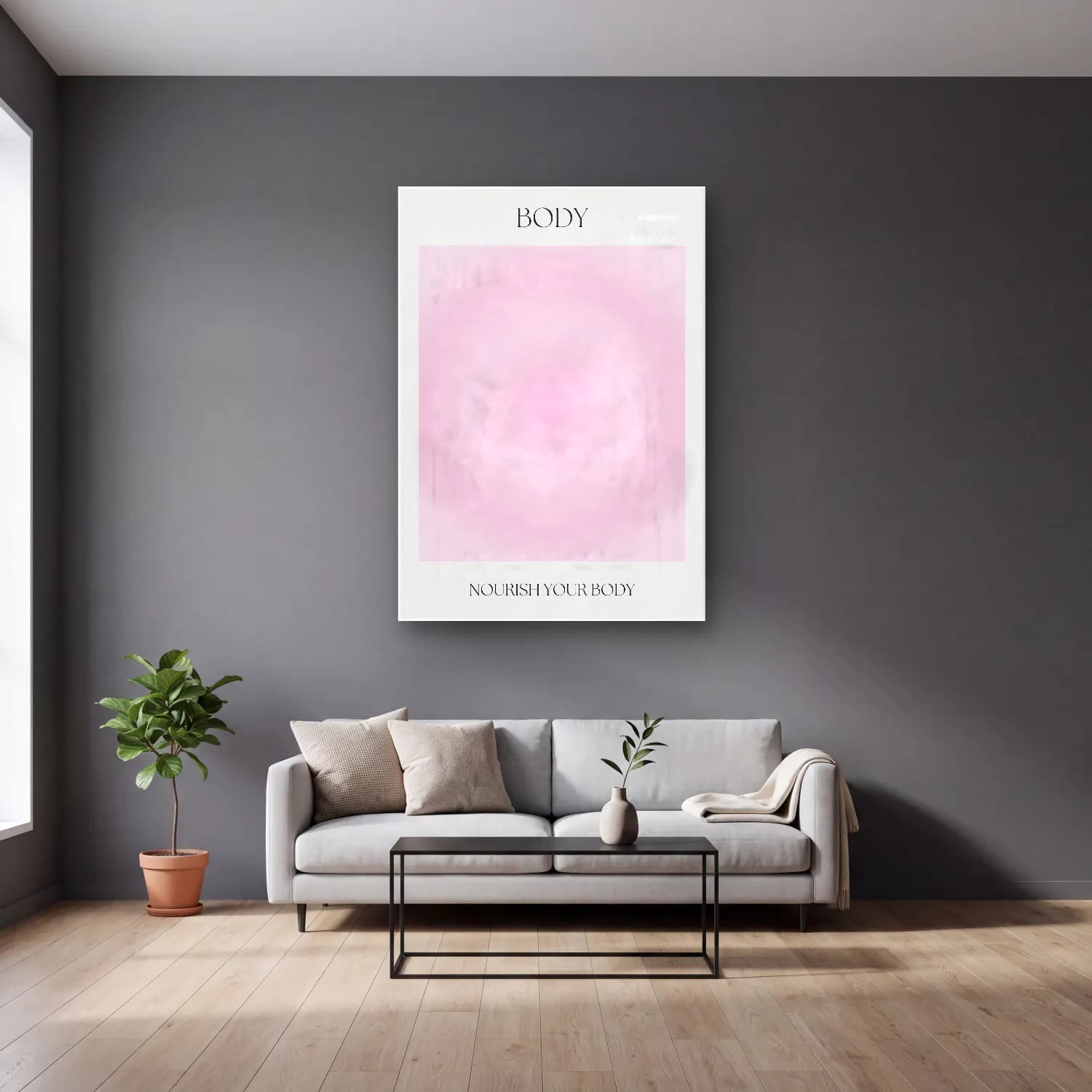 Pastel Renk Alanları No. 44 cam tablo — gri duvarlı salonda