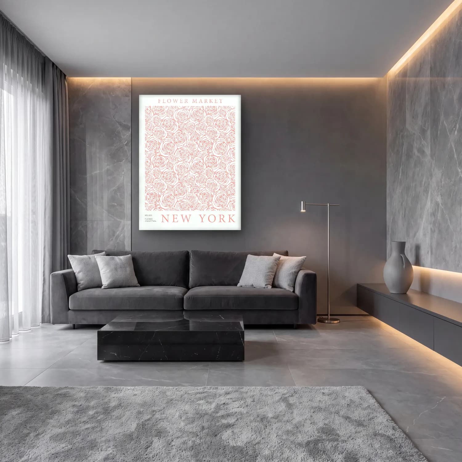 Çizgi Sanatı Çiçek Deseni No. 11 cam tablo — lüks salon duvarında