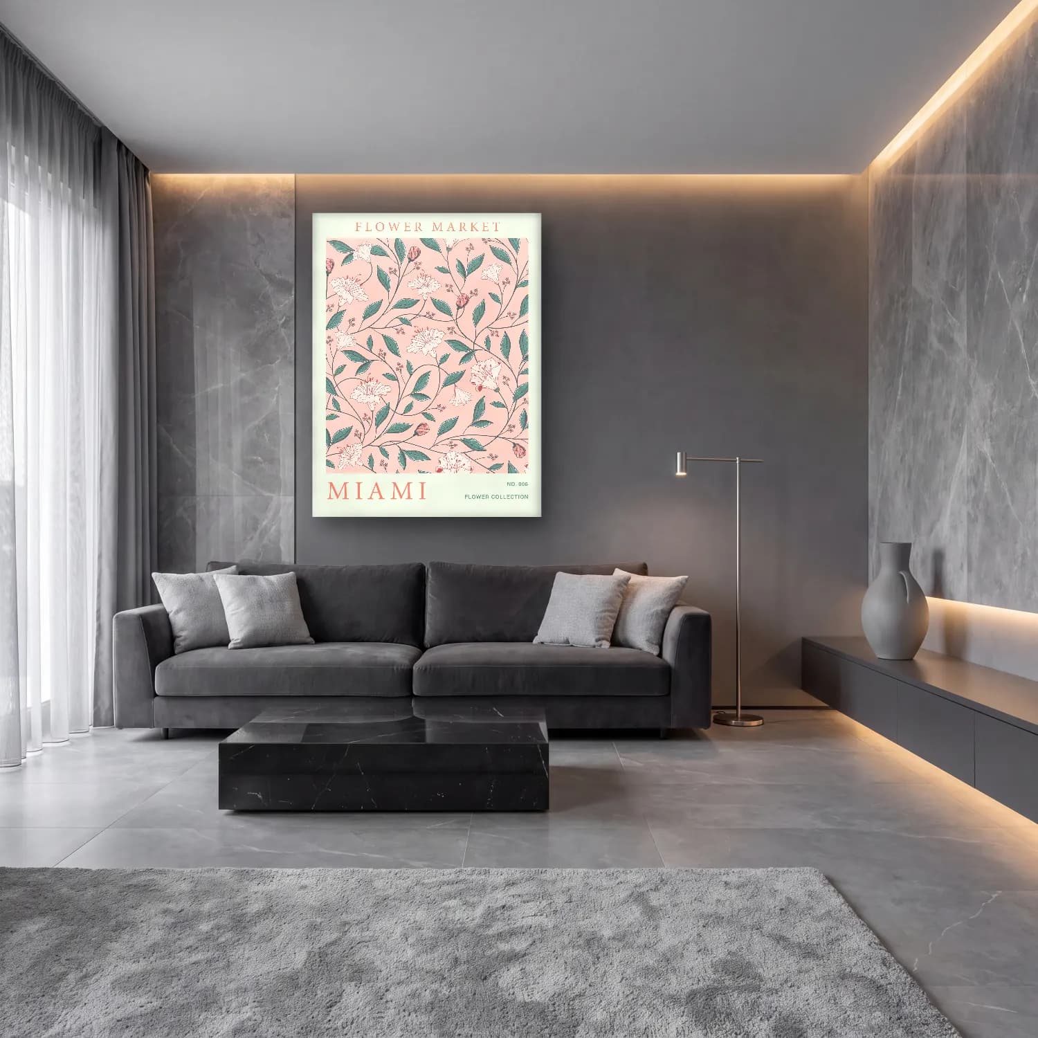 Pastel Çiçek Deseni No. 25 cam tablo — lüks salon duvarında