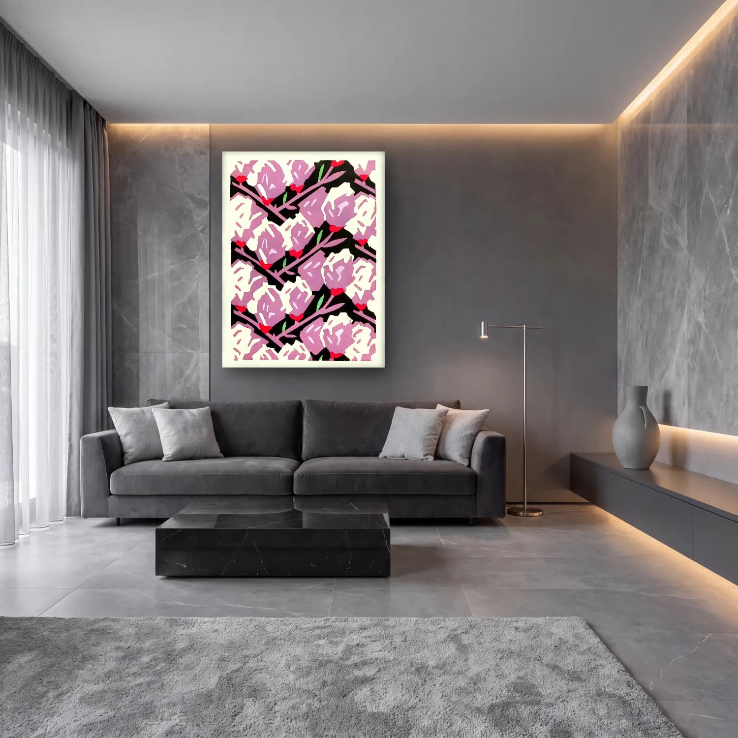 Boho Çiçek Deseni No. 26 cam tablo — lüks salon duvarında