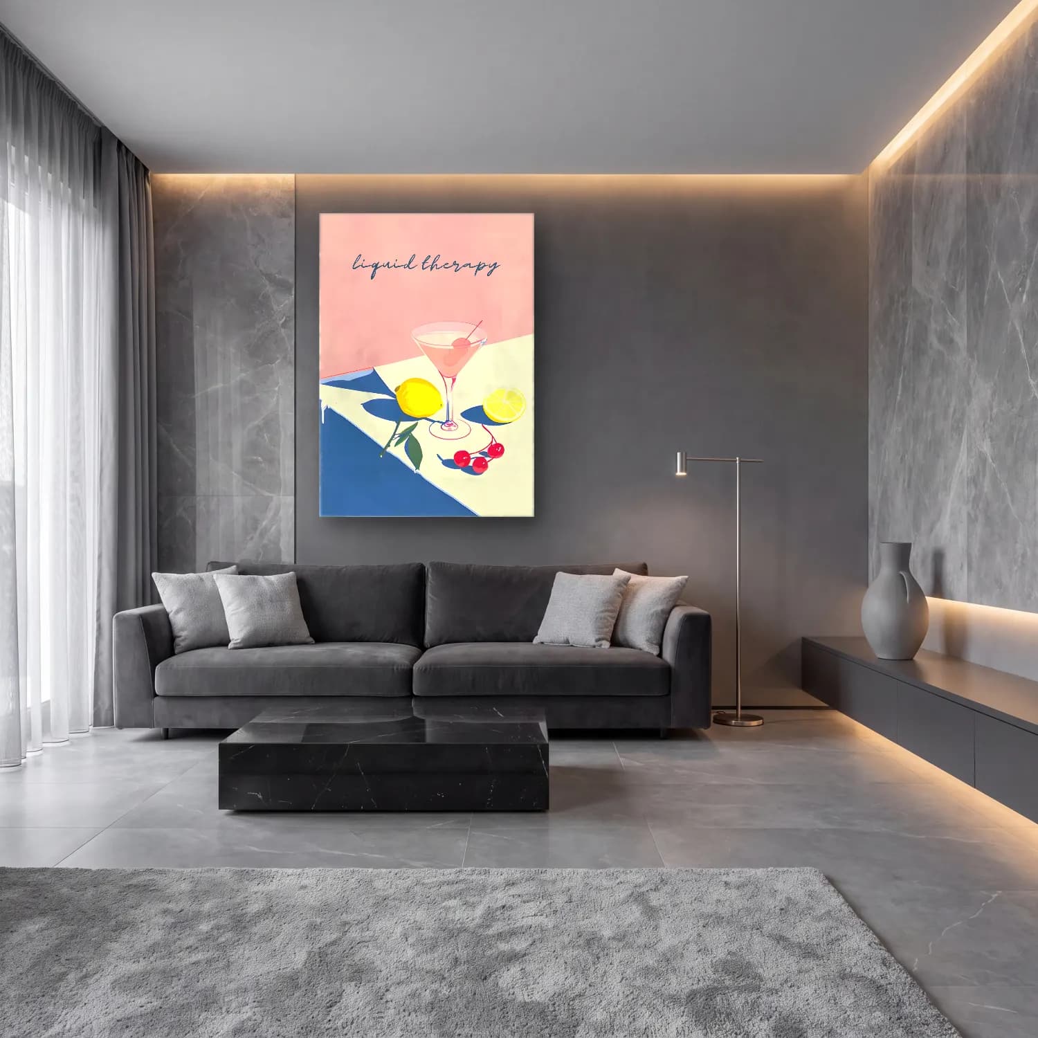 Pastel Kokteyl No. 9 cam tablo — lüks salon duvarında