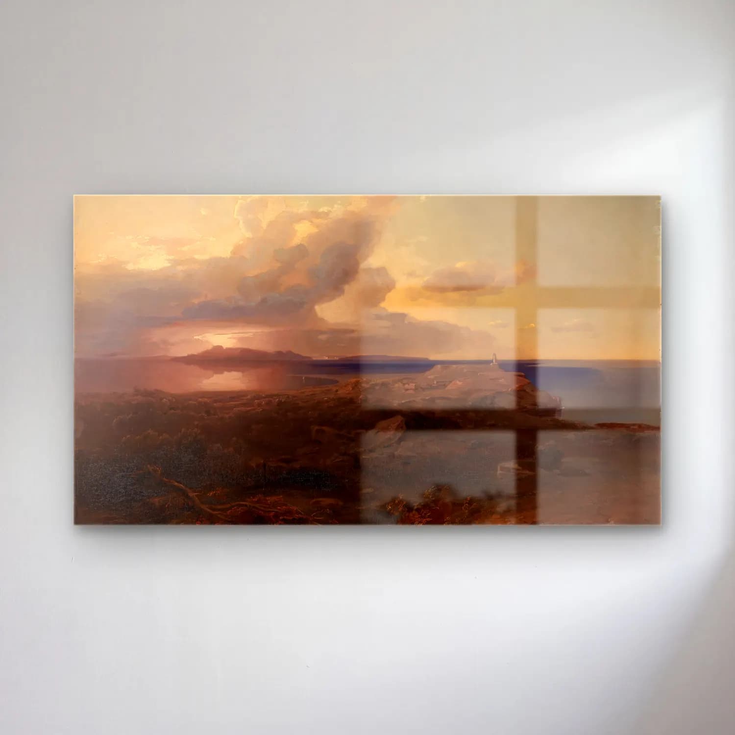 Carl Rottmann – Die Insel Ägina mit den Ruinen des Hekatetempels cam tablo — Carl Rottmann – Die Insel Ägina mit den Ruinen des Hekatetempels — yağlı boya fırtınalı denizde gemi