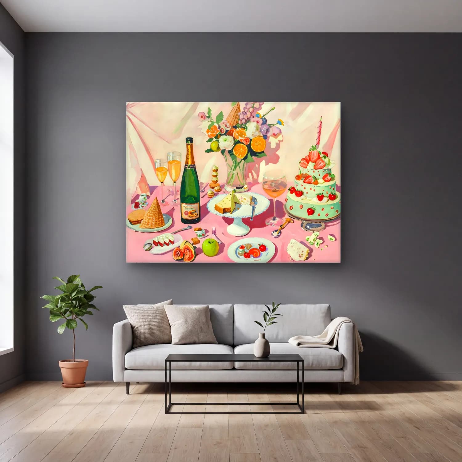 Pastel Tatlılar No. 2 cam tablo — gri duvarlı salonda