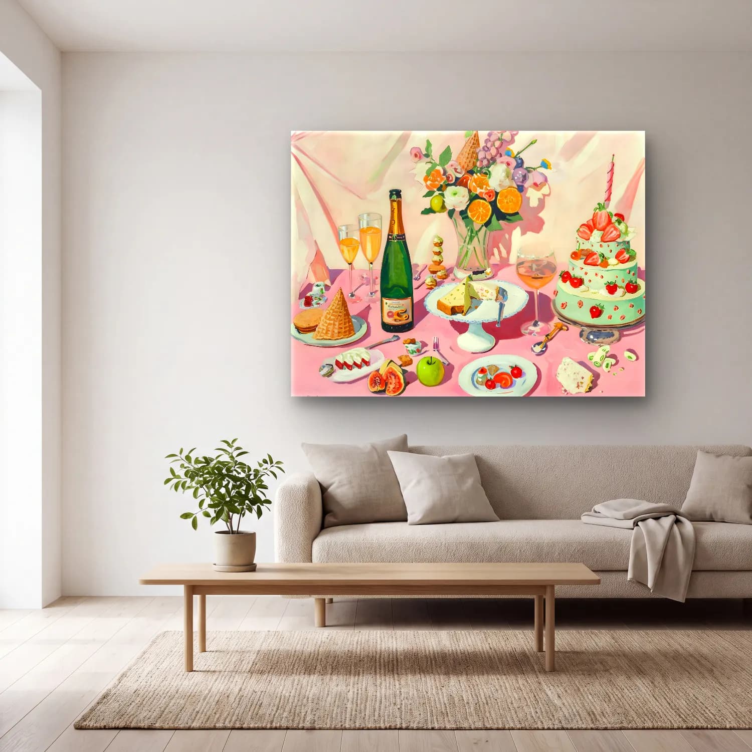 Pastel Tatlılar No. 2 cam tablo — açık renk salonda