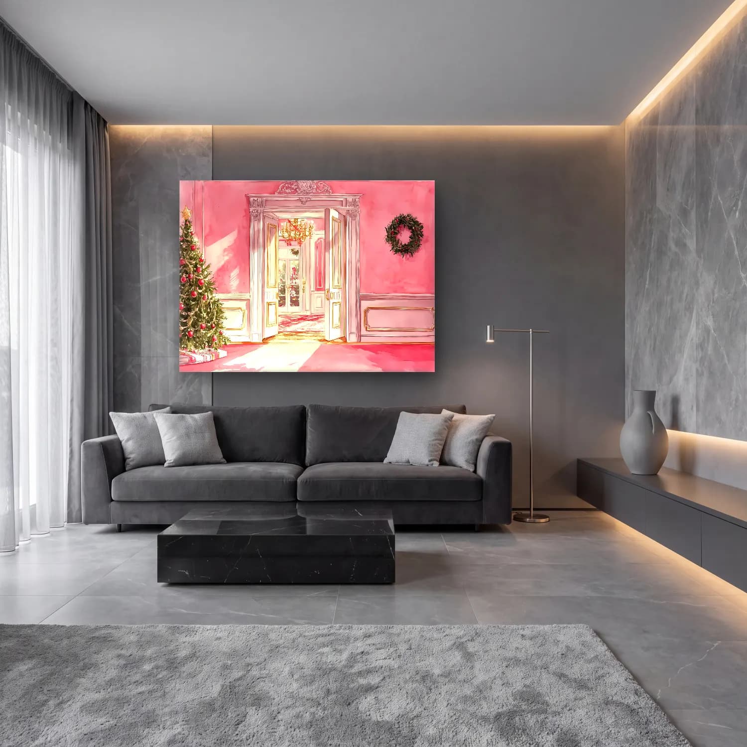 Pastel Kapı No. 2 cam tablo — lüks salon duvarında