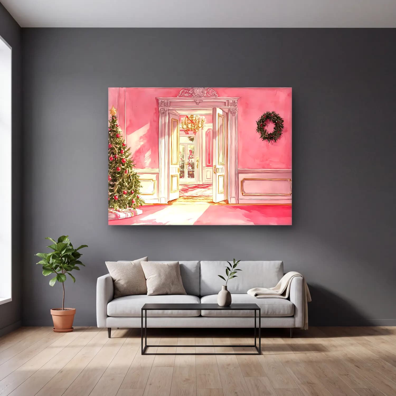Pastel Kapı No. 2 cam tablo — gri duvarlı salonda