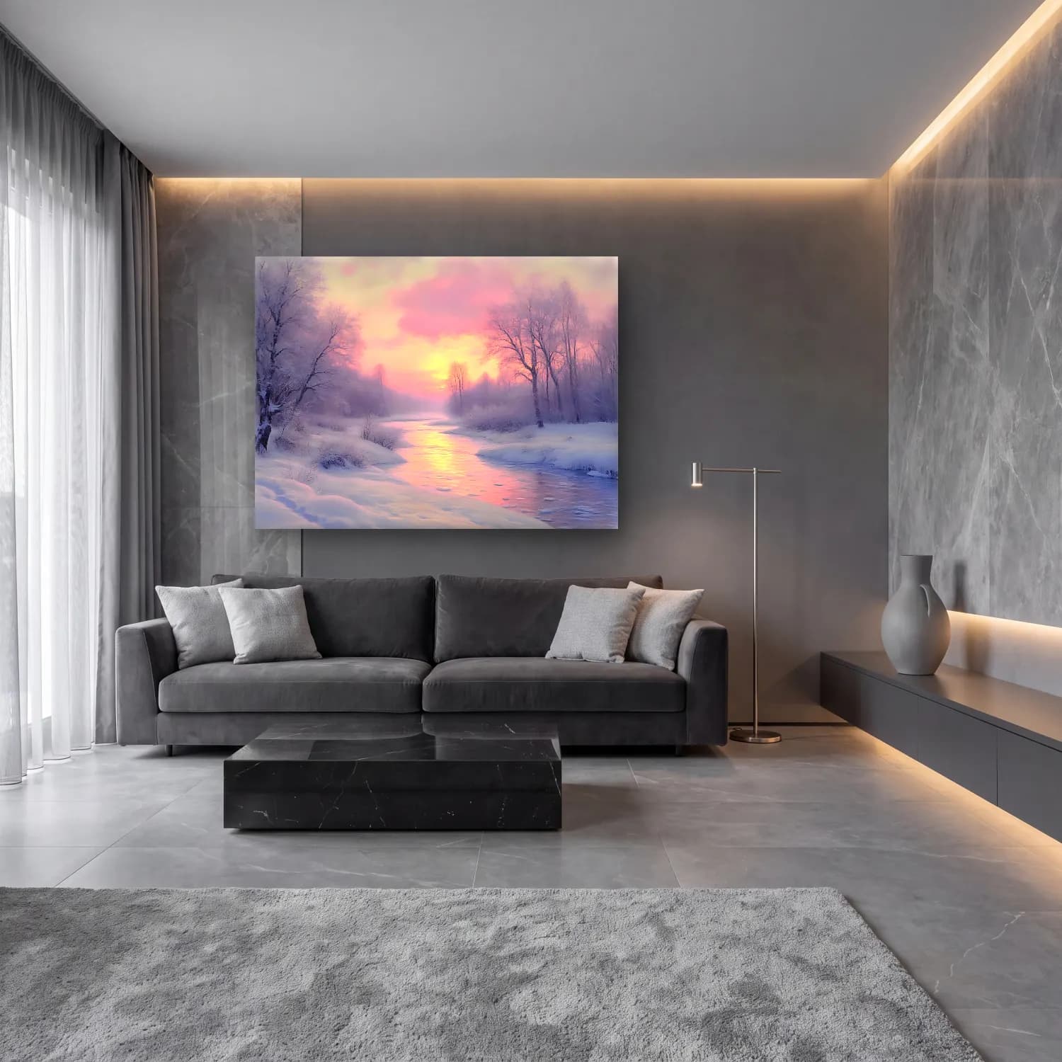 Pastel Karlı Kış Manzarası No. 4 cam tablo — lüks salon duvarında