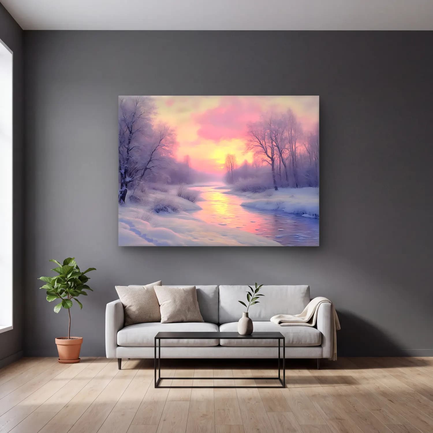 Pastel Karlı Kış Manzarası No. 4 cam tablo — gri duvarlı salonda