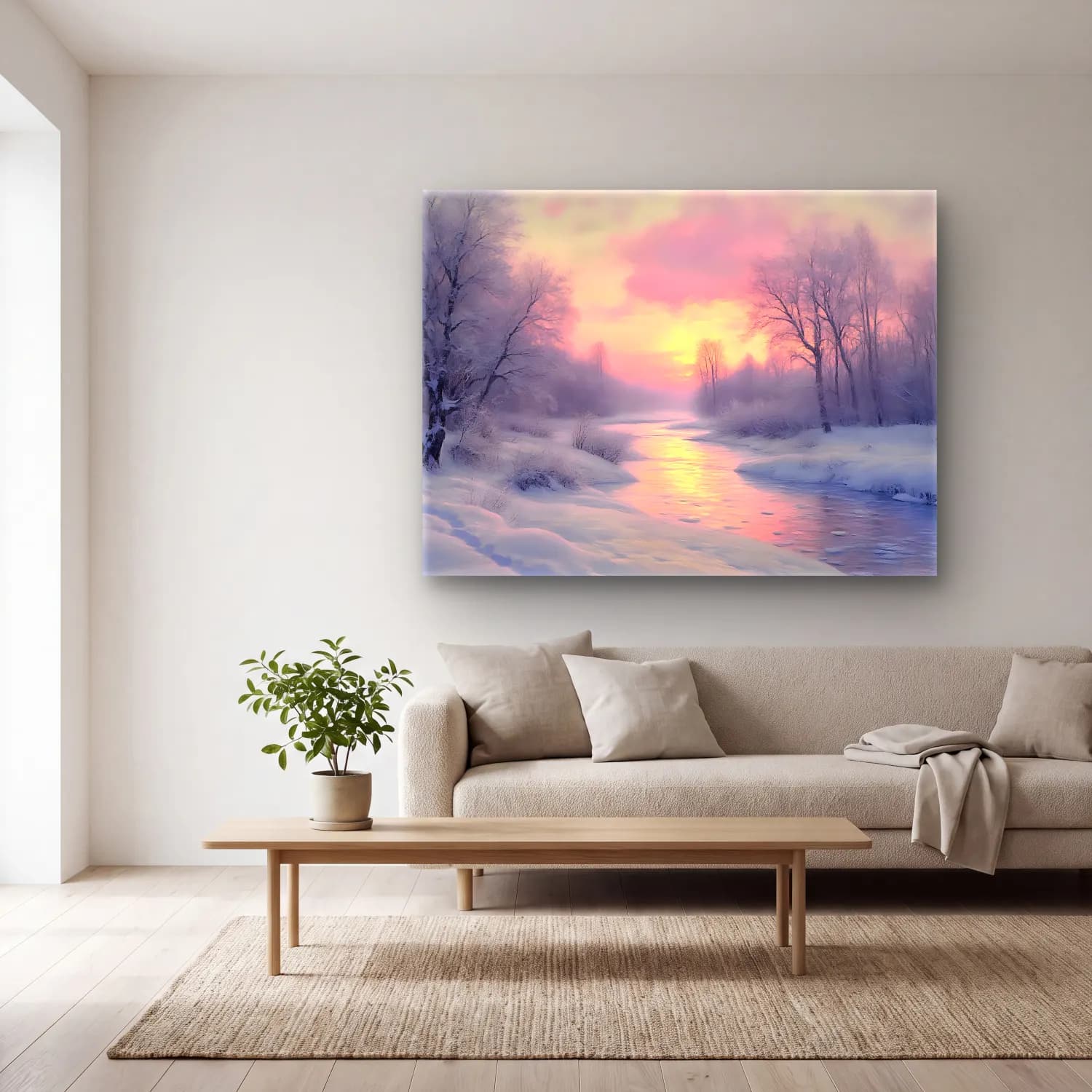 Pastel Karlı Kış Manzarası No. 4 cam tablo — açık renk salonda