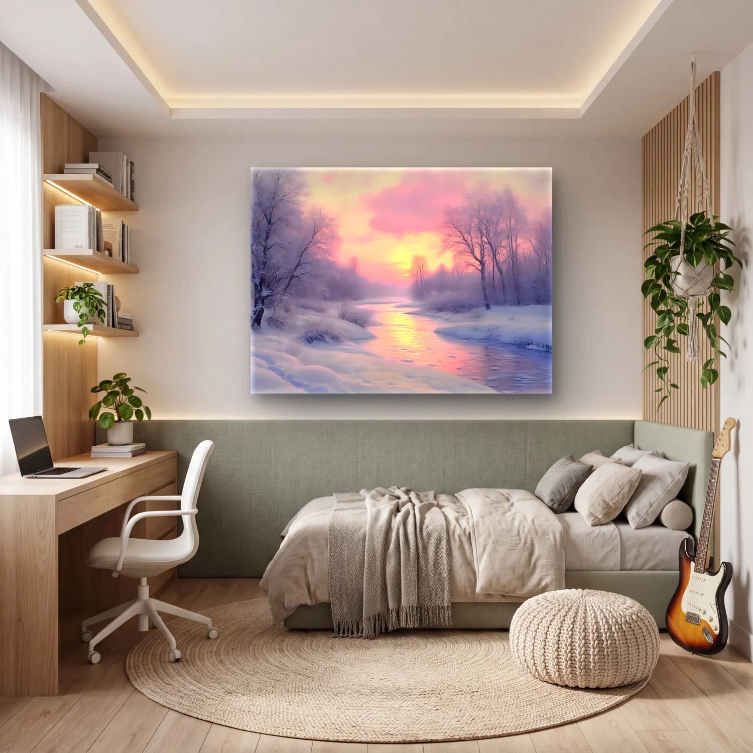 Pastel Karlı Kış Manzarası No. 4 cam tablo — genç odasında