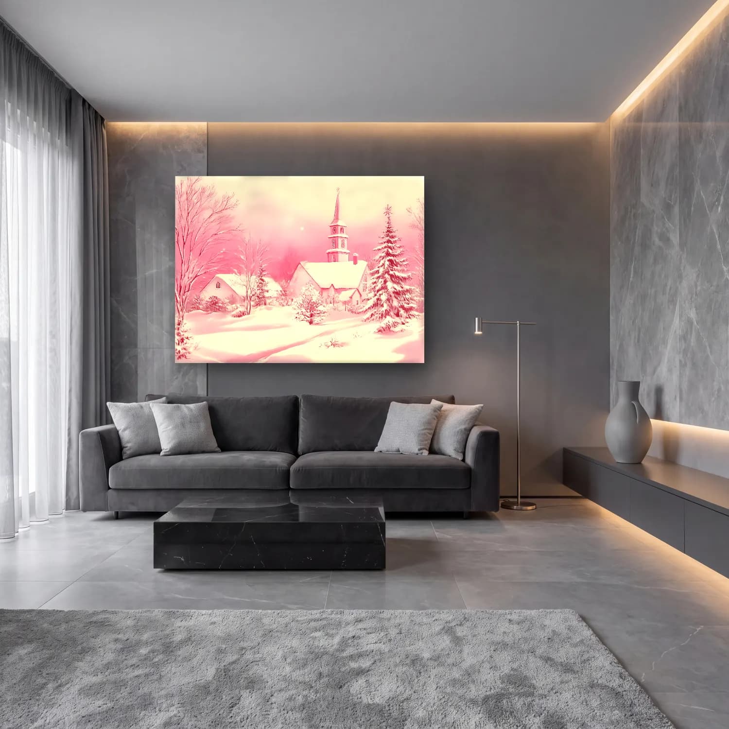 Pastel Karlı Kış Manzarası No. 5 cam tablo — lüks salon duvarında