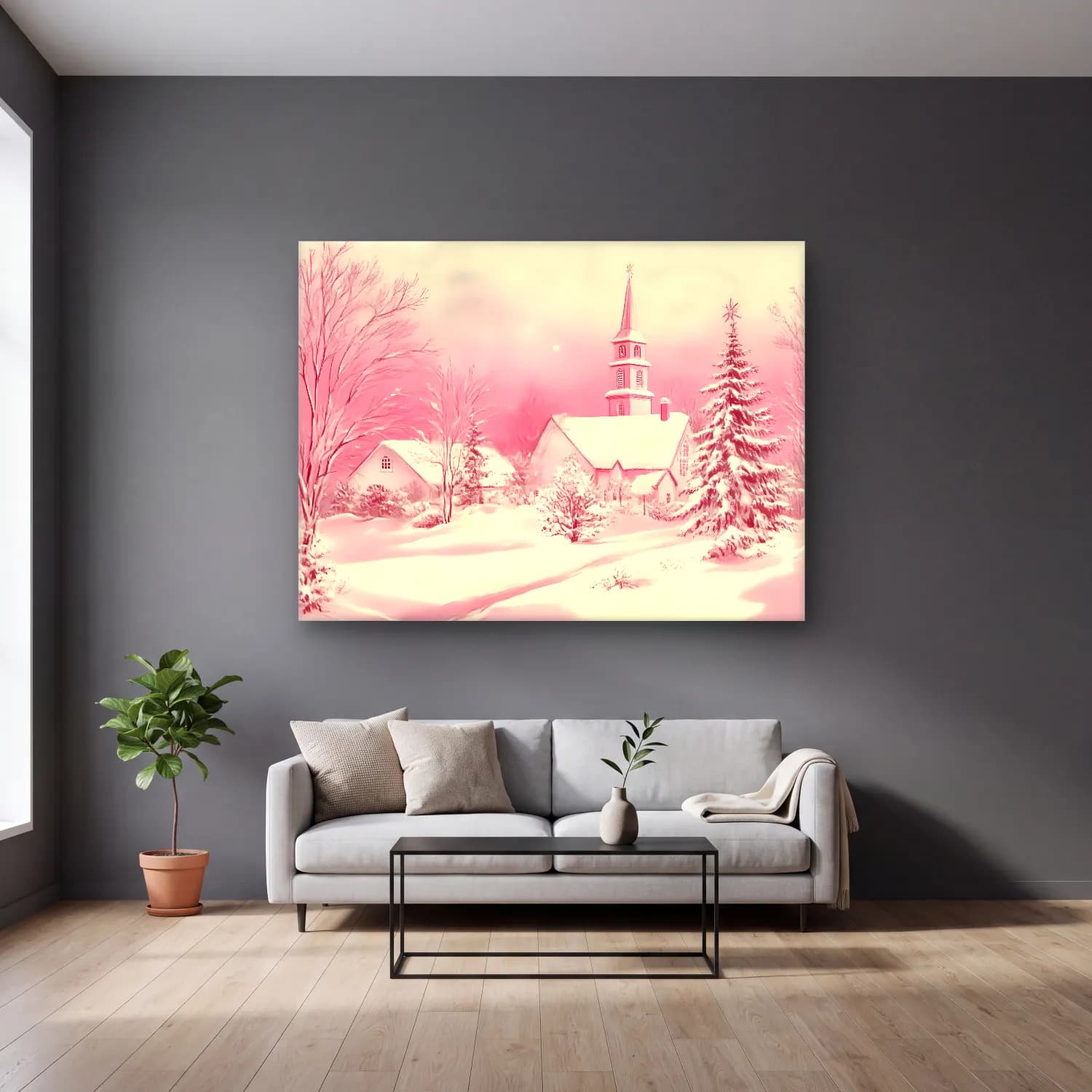 Pastel Karlı Kış Manzarası No. 5 cam tablo — gri duvarlı salonda