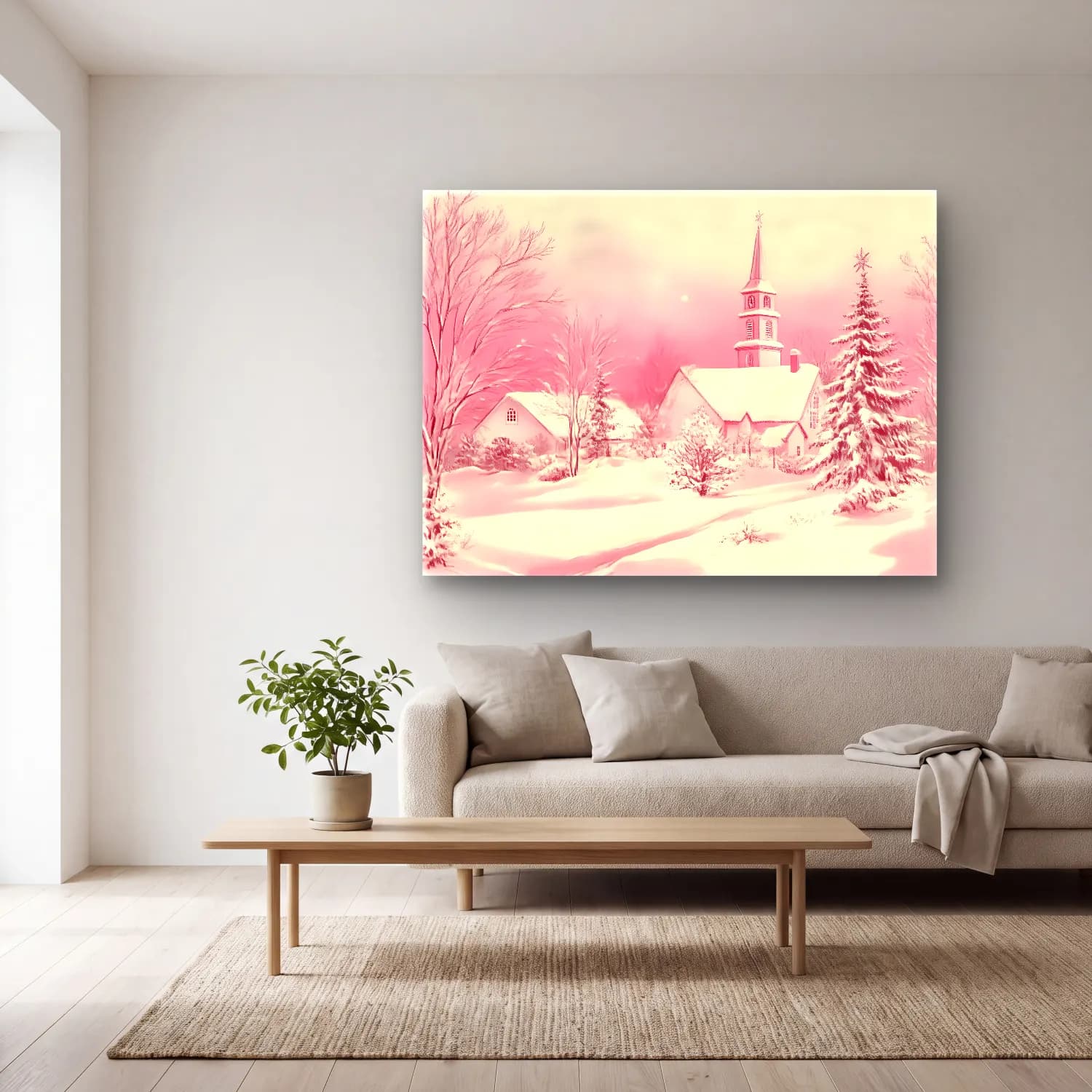 Pastel Karlı Kış Manzarası No. 5 cam tablo — açık renk salonda