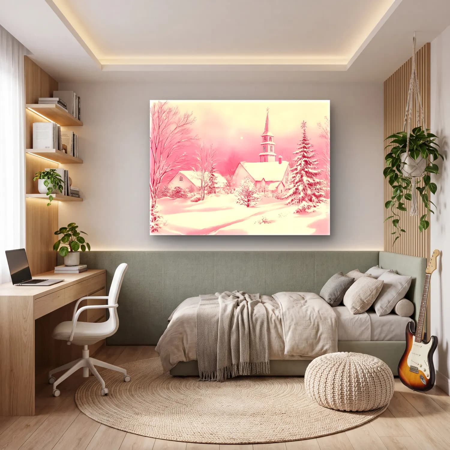 Pastel Karlı Kış Manzarası No. 5 cam tablo — genç odasında