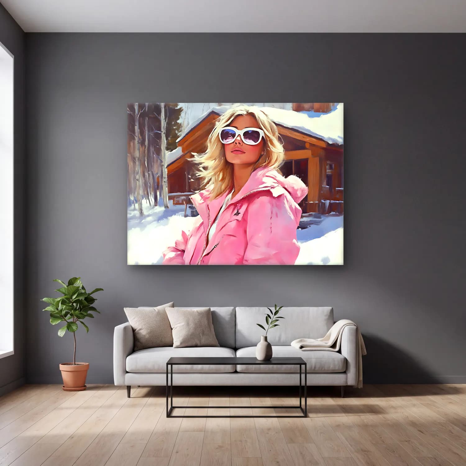 Yağlı Boya Kayak – Pembe Tonlar cam tablo — gri duvarlı salonda