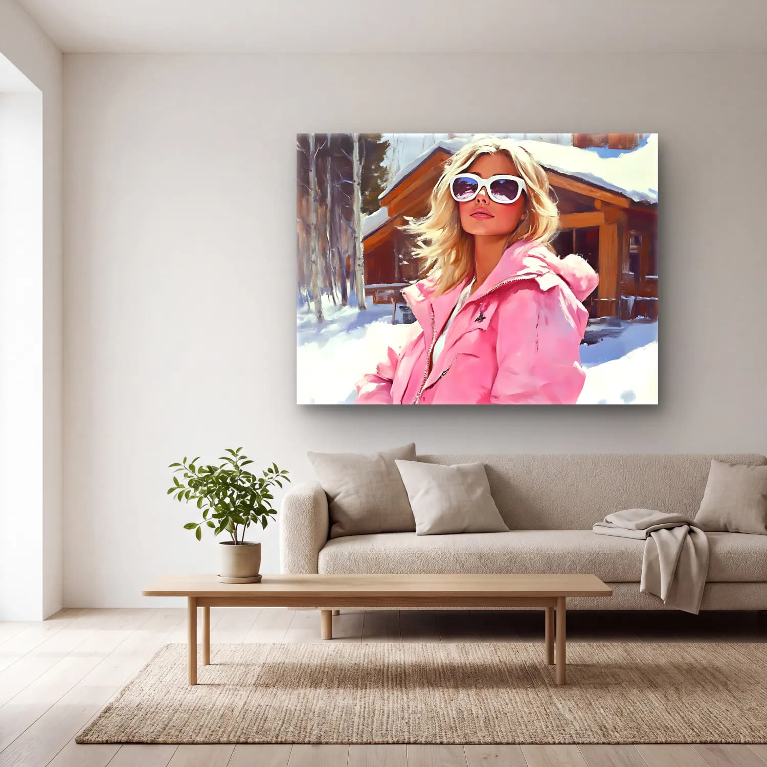 Yağlı Boya Kayak – Pembe Tonlar cam tablo — açık renk salonda