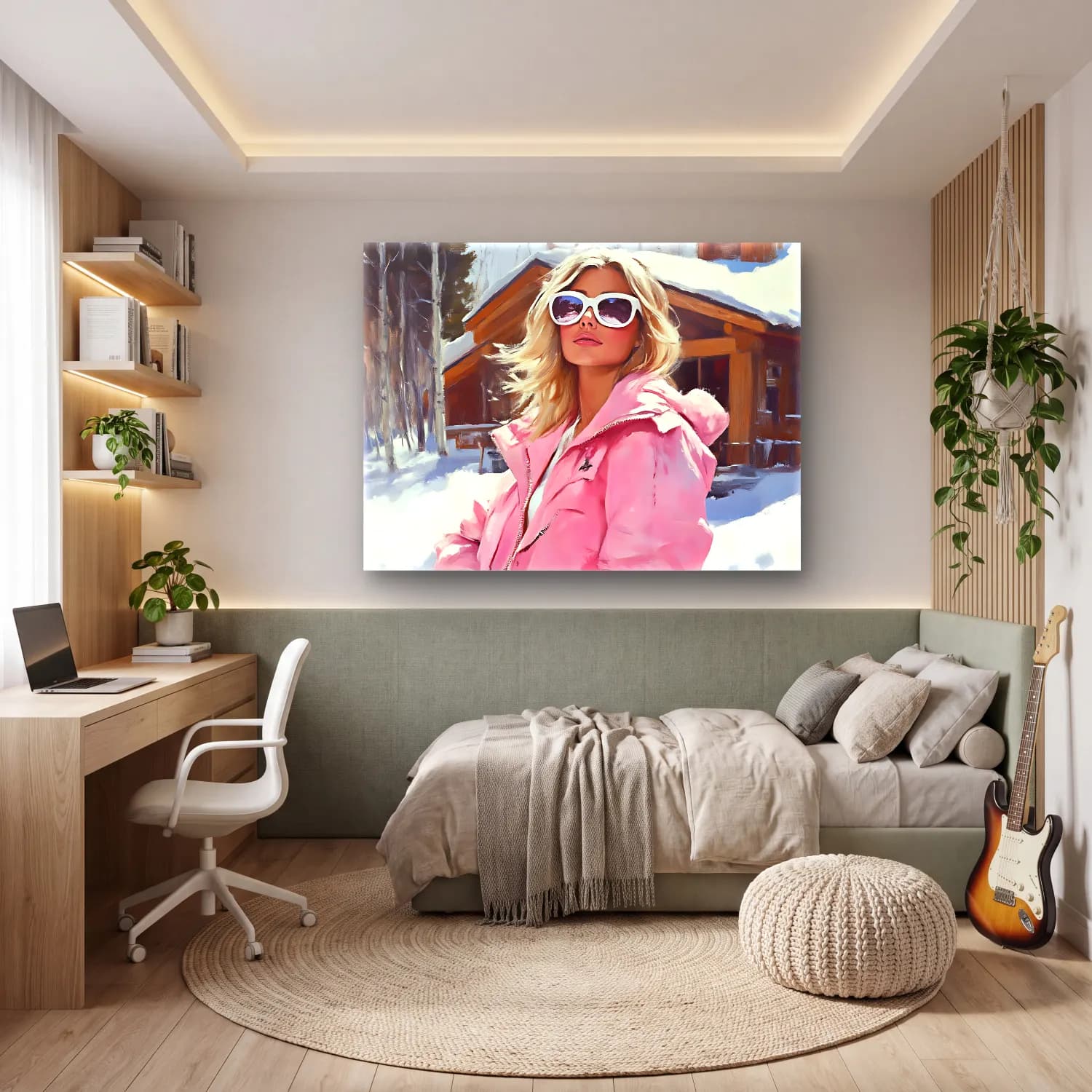 Yağlı Boya Kayak – Pembe Tonlar cam tablo — genç odasında