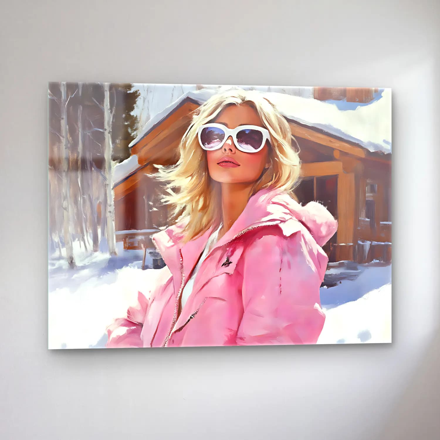 Yağlı Boya Kayak – Pembe Tonlar cam tablo — sol açıdan görünüm