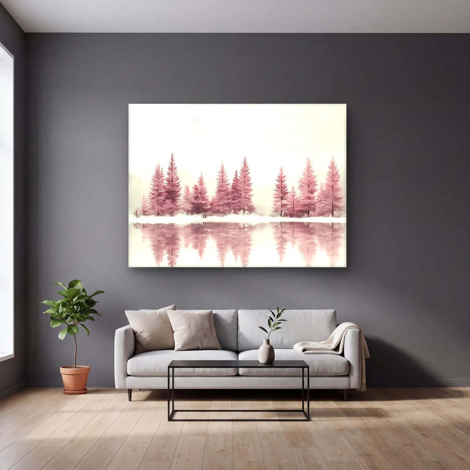 Pastel Karlı Kış Manzarası No. 6 cam tablo — gri duvarlı salonda