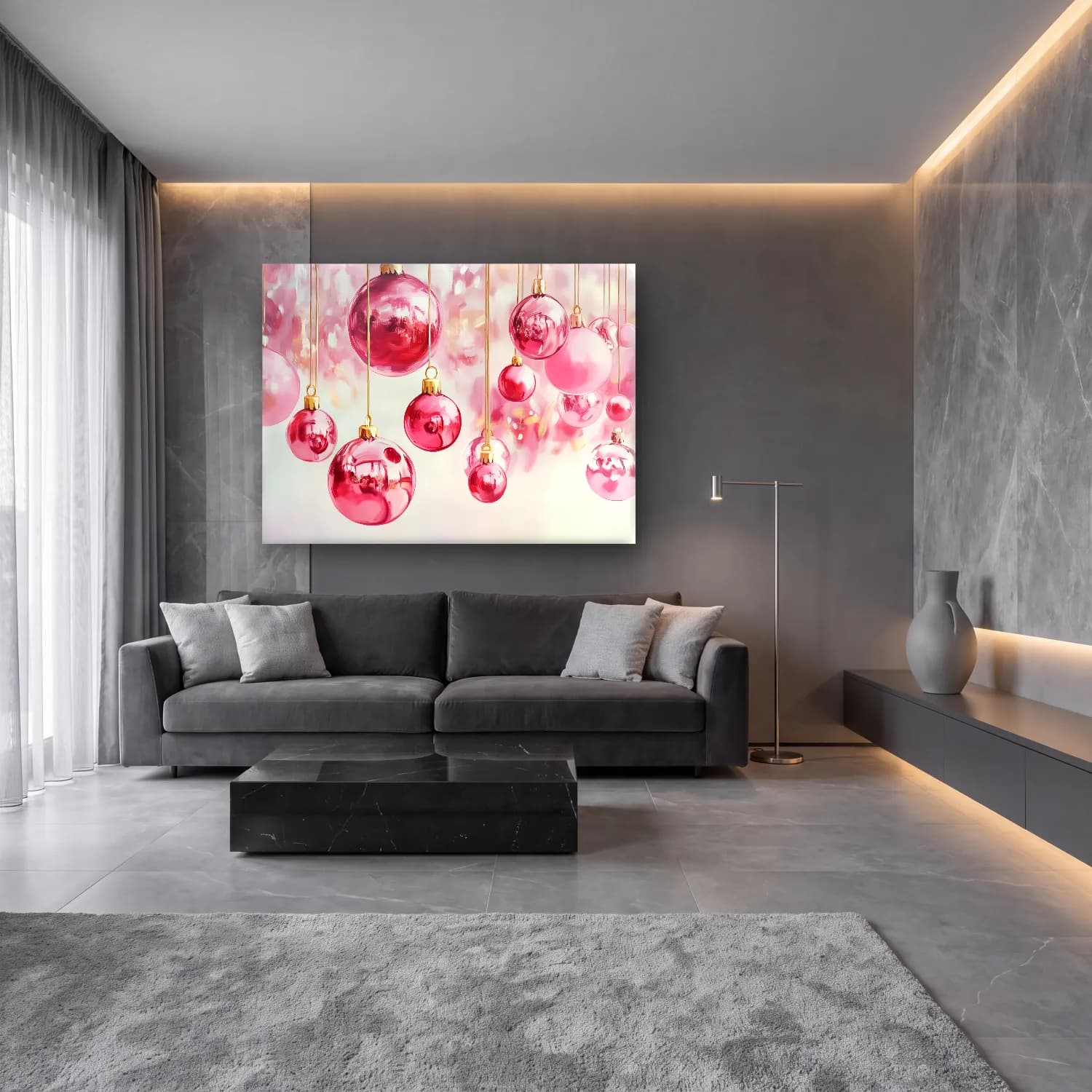 Pastel Yılbaşı Süsleri No. 4 cam tablo — lüks salon duvarında