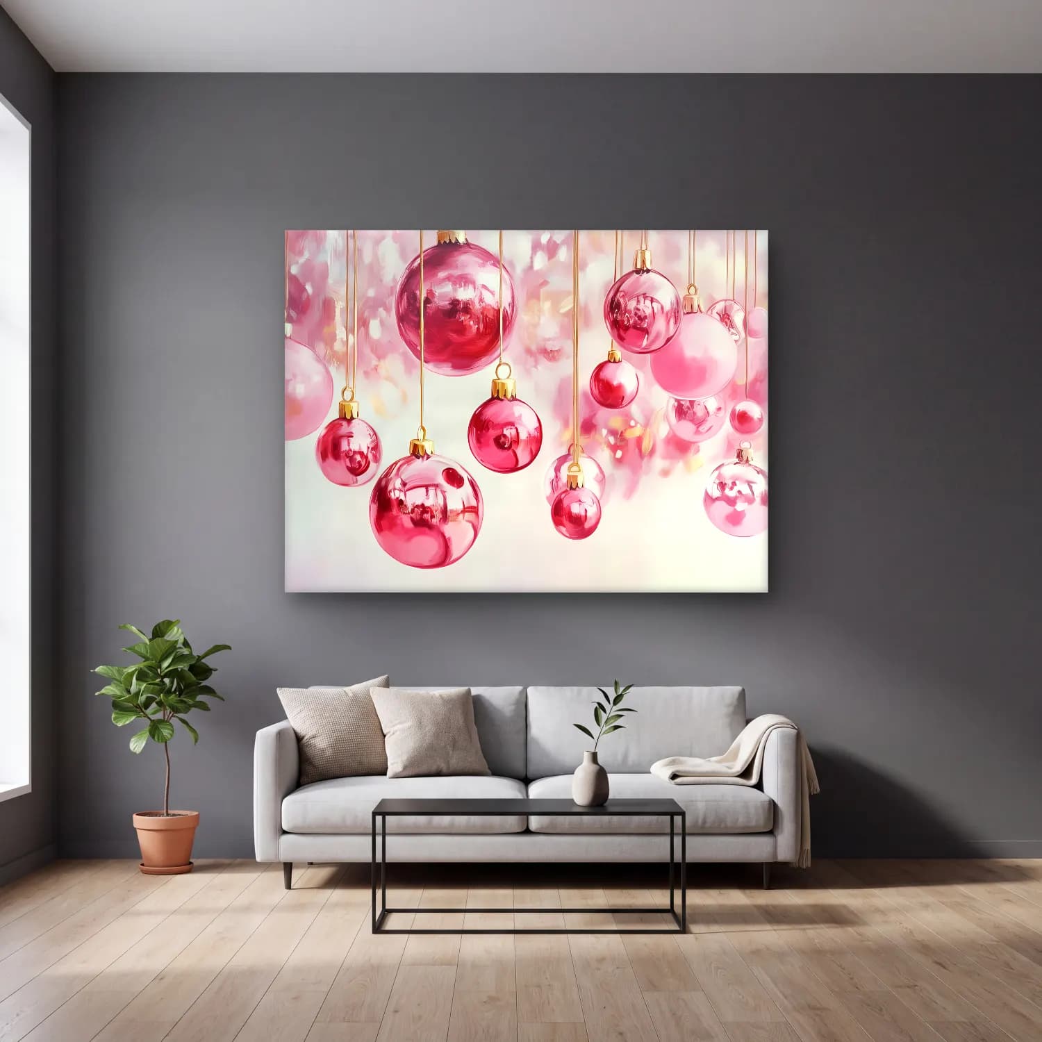 Pastel Yılbaşı Süsleri No. 4 cam tablo — gri duvarlı salonda