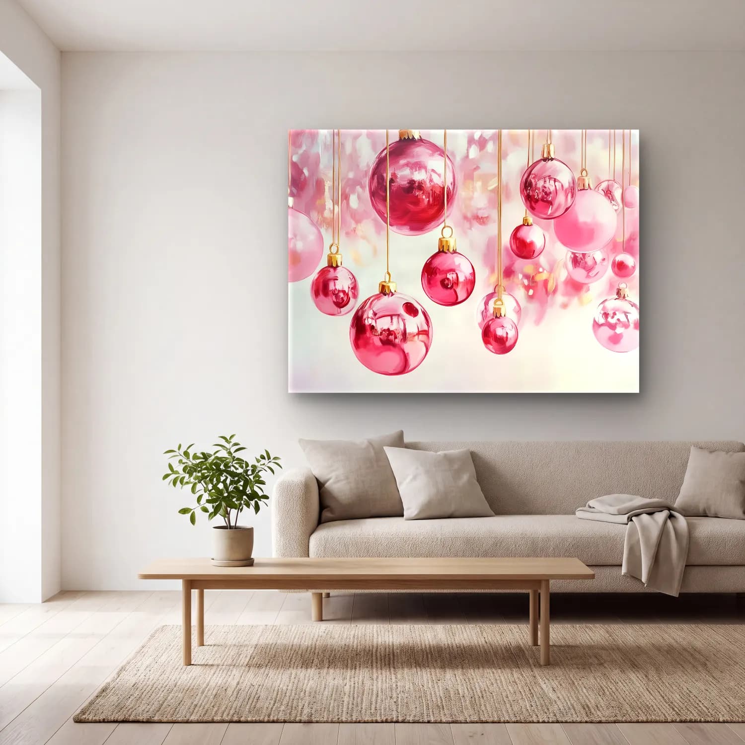 Pastel Yılbaşı Süsleri No. 4 cam tablo — açık renk salonda