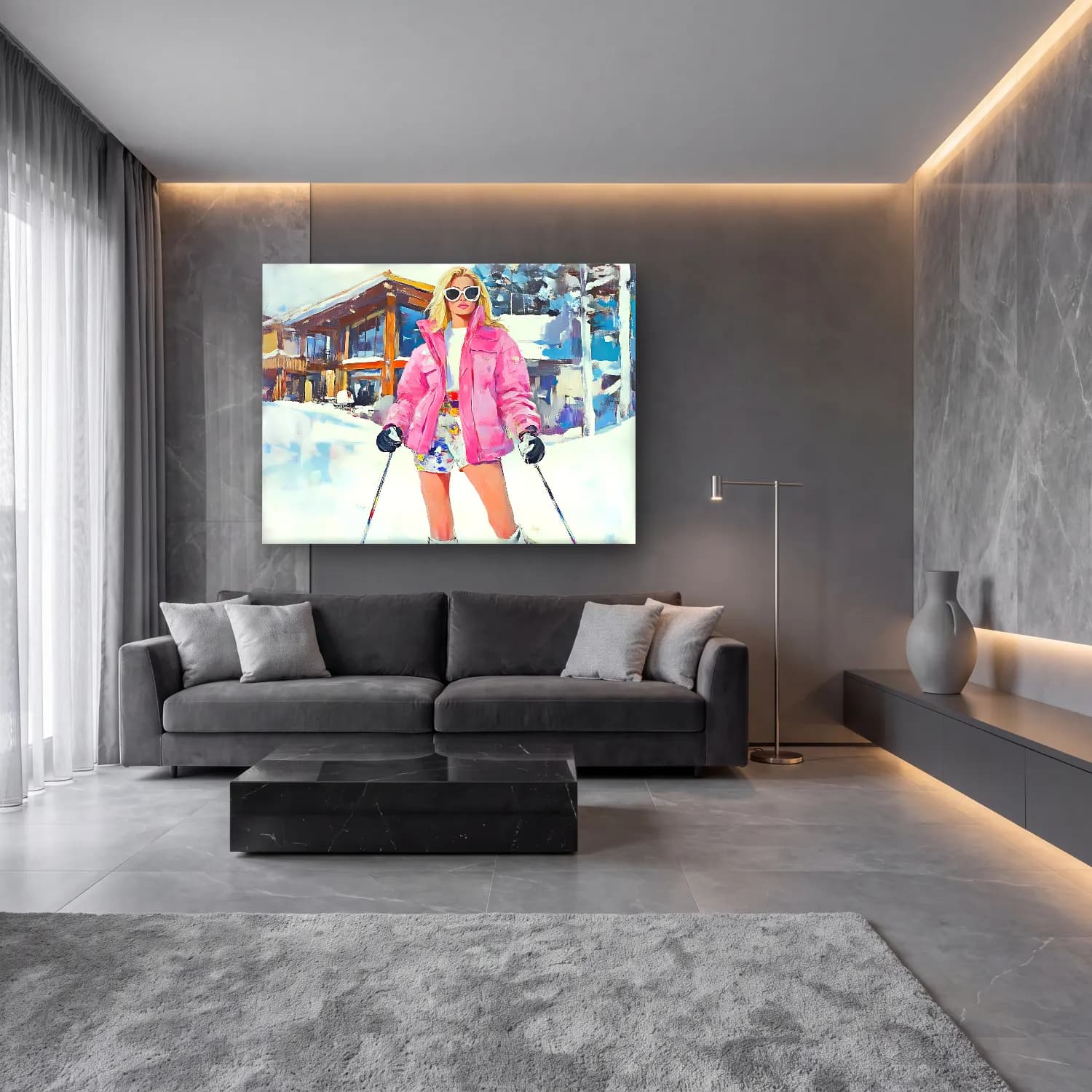Suluboya Kayak – Pembe Tonlar cam tablo — lüks salon duvarında