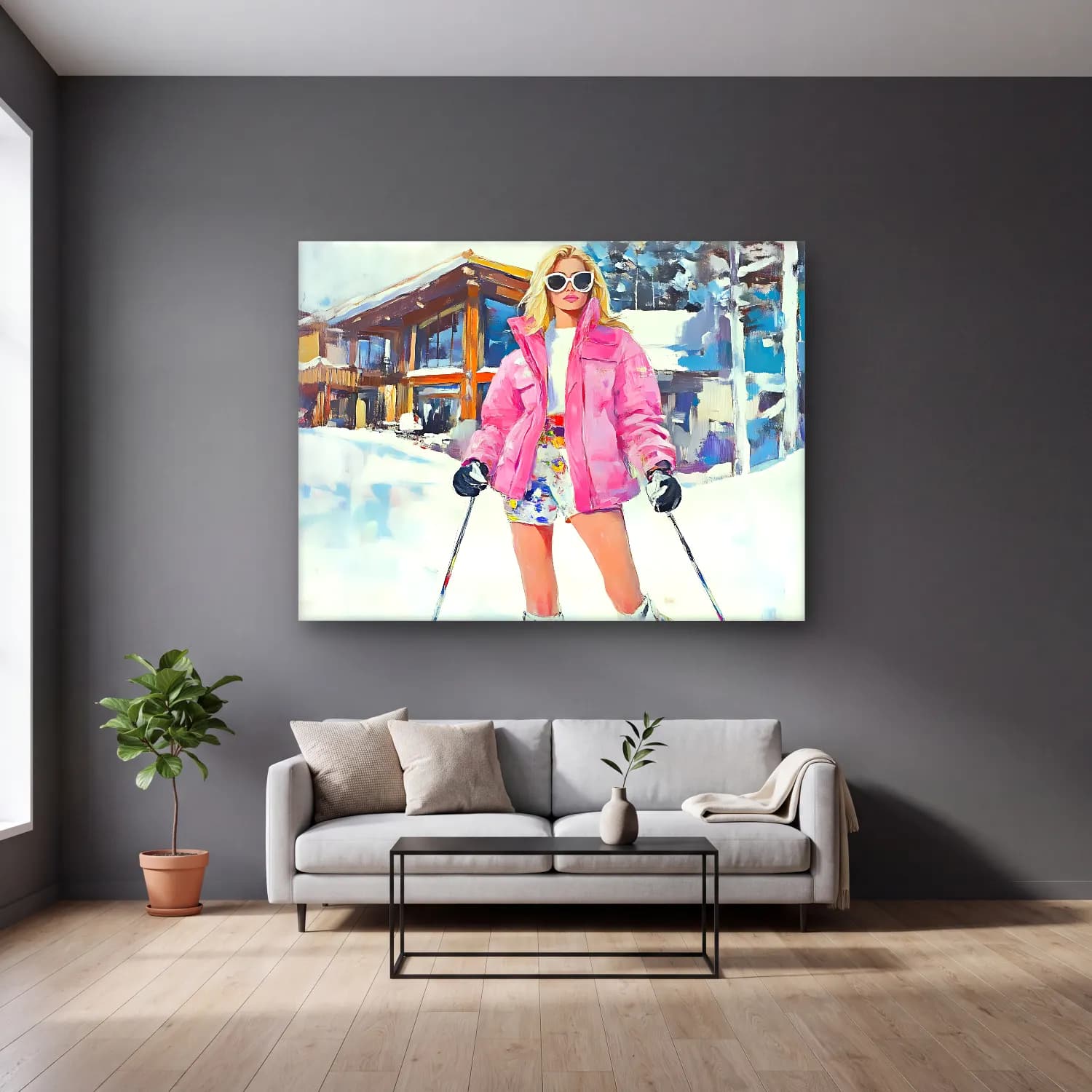 Suluboya Kayak – Pembe Tonlar cam tablo — gri duvarlı salonda