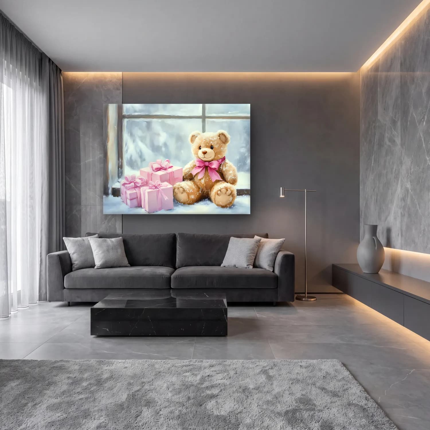 Yağlı Boya Oyuncak Ayı – Pastel Tonlar cam tablo — lüks salon duvarında