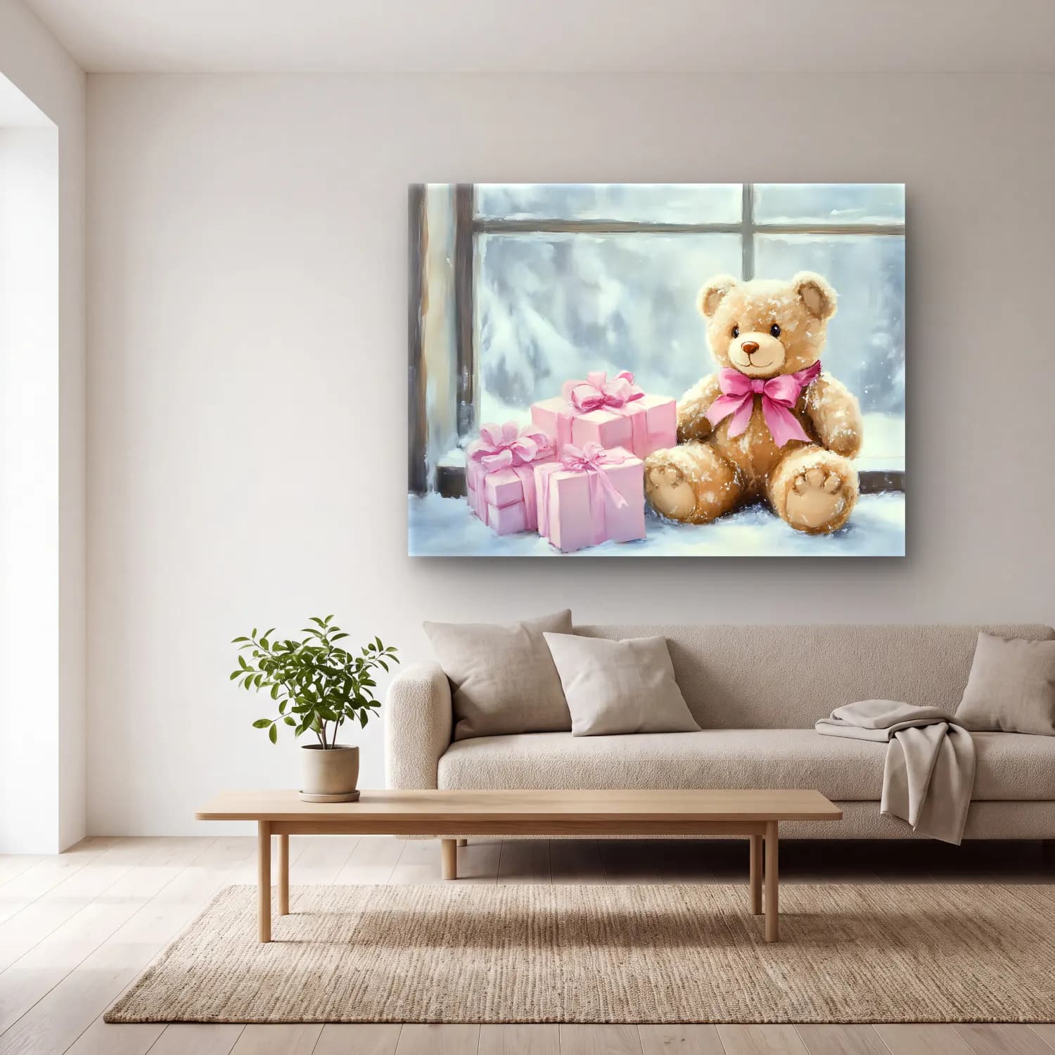 Yağlı Boya Oyuncak Ayı – Pastel Tonlar cam tablo — açık renk salonda