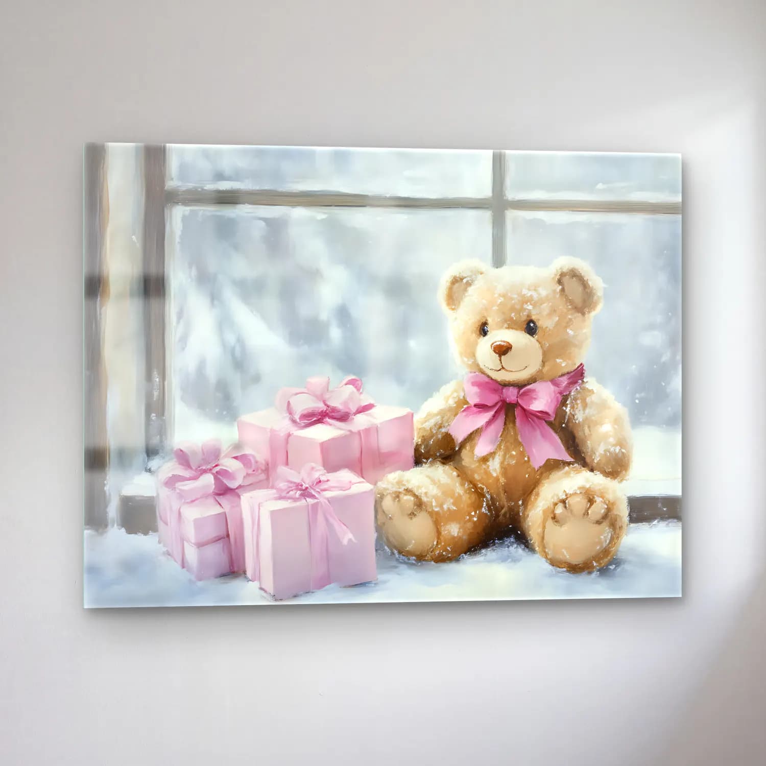 Yağlı Boya Oyuncak Ayı – Pastel Tonlar cam tablo — sol açıdan görünüm