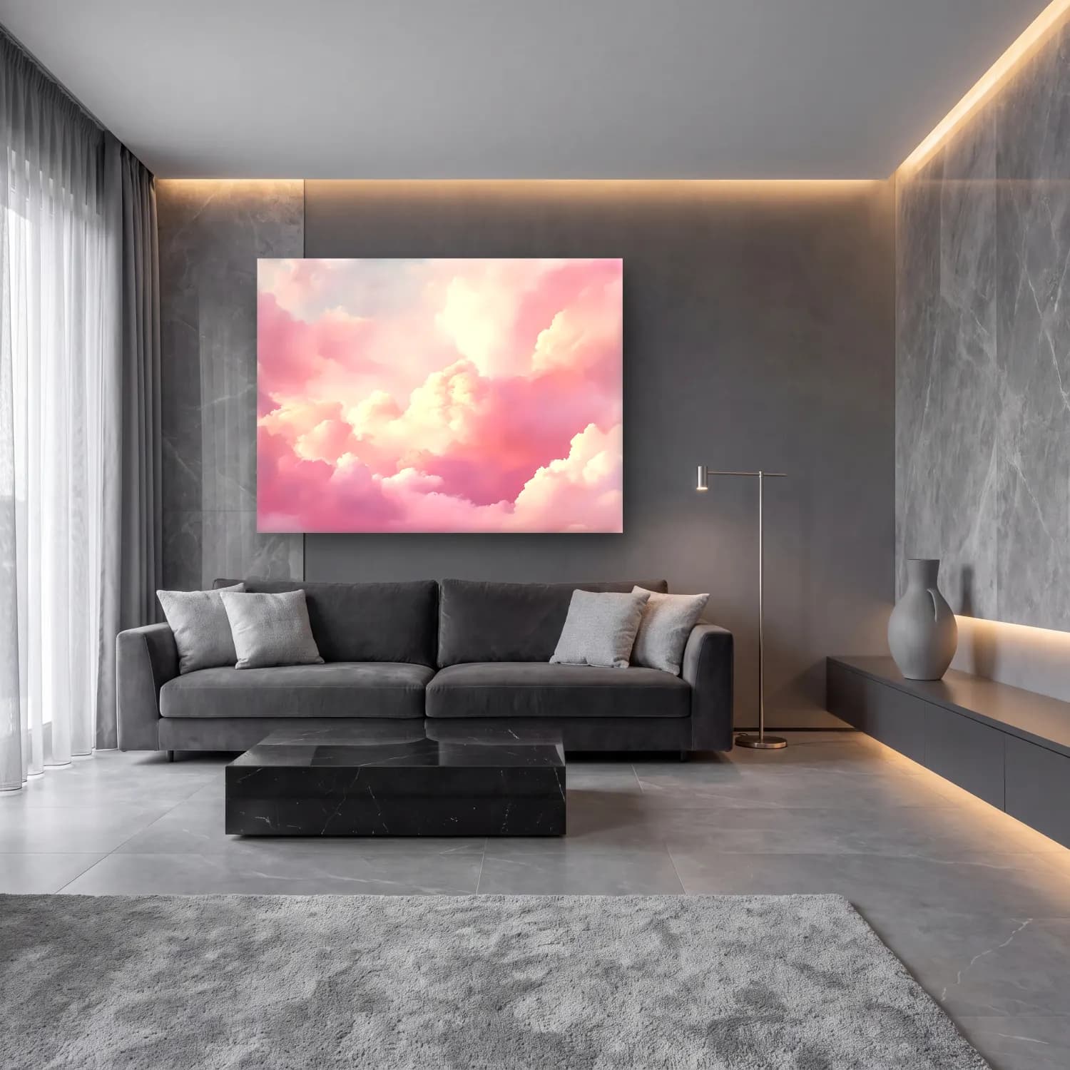 Pastel Gün Batımı Gökyüzü No. 7 cam tablo — lüks salon duvarında