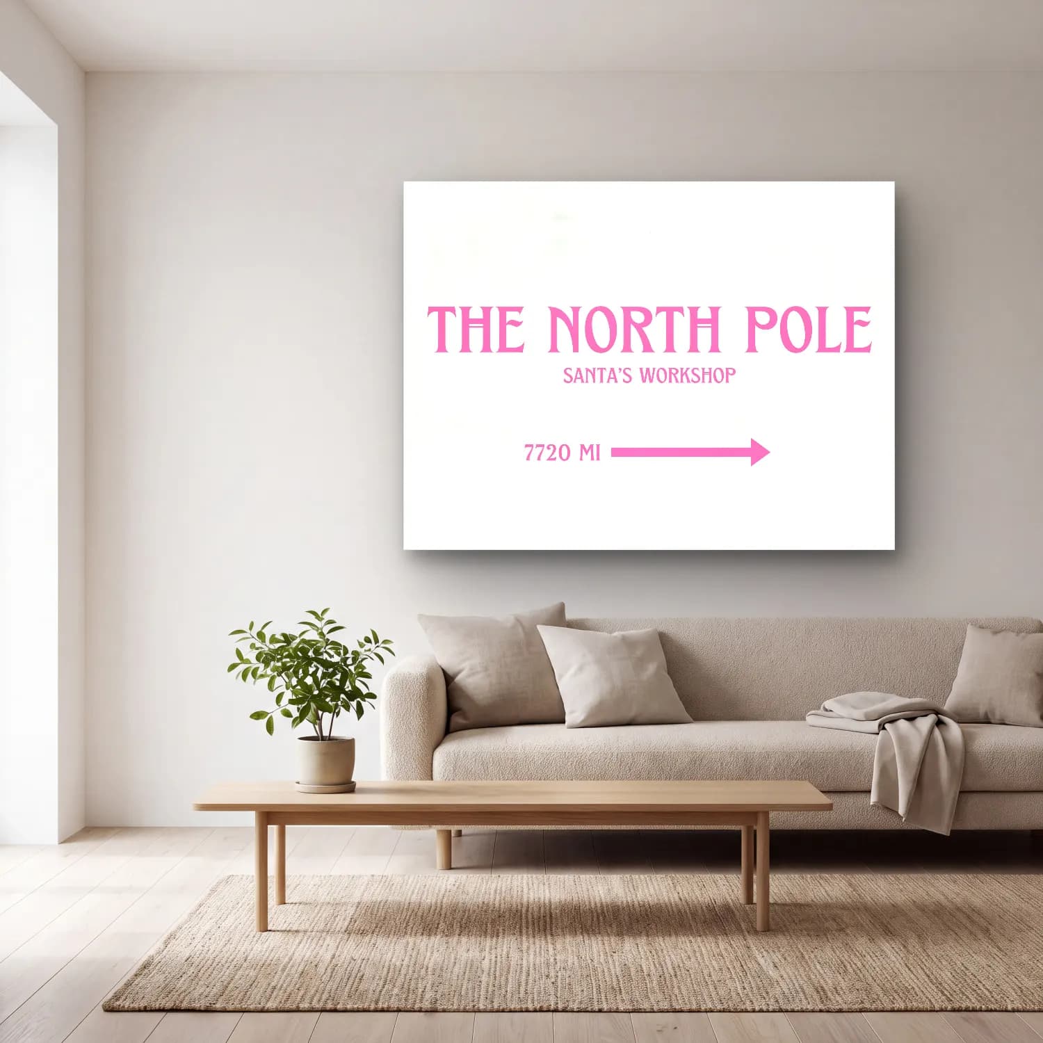 Pastel Noel Baba cam tablo — açık renk salonda