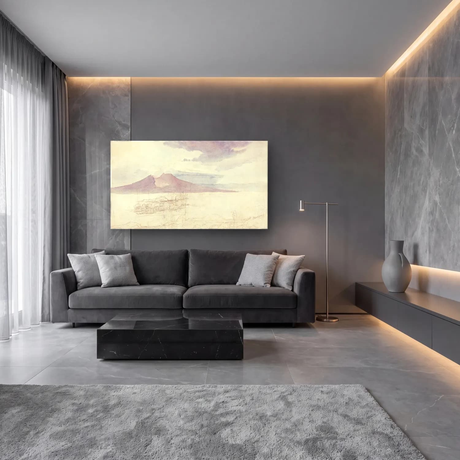 Carl Rottmann – Panoramic Views of Vesuvius and Monte Pellegrino cam tablo — lüks salon duvarında