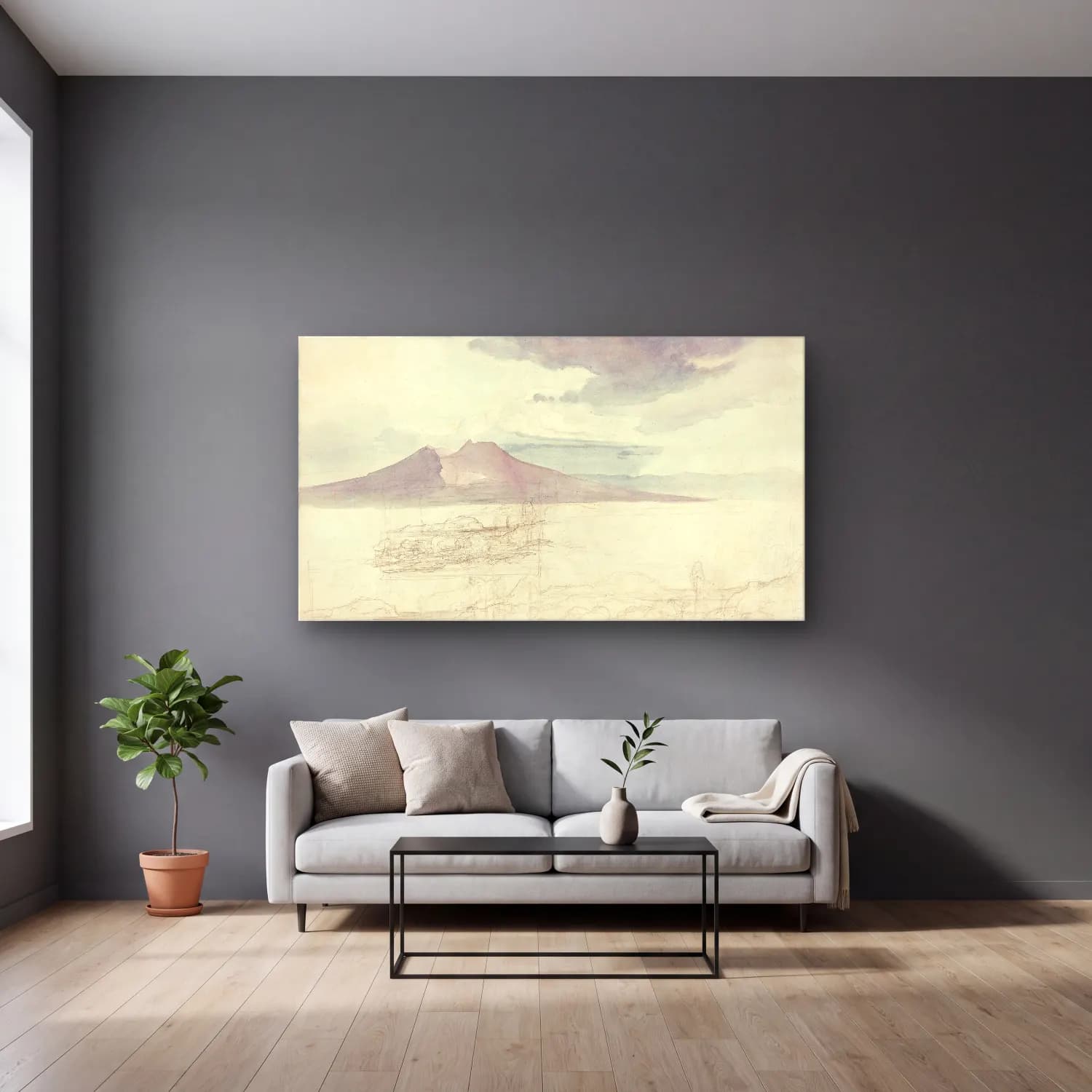 Carl Rottmann – Panoramic Views of Vesuvius and Monte Pellegrino cam tablo — gri duvarlı salonda