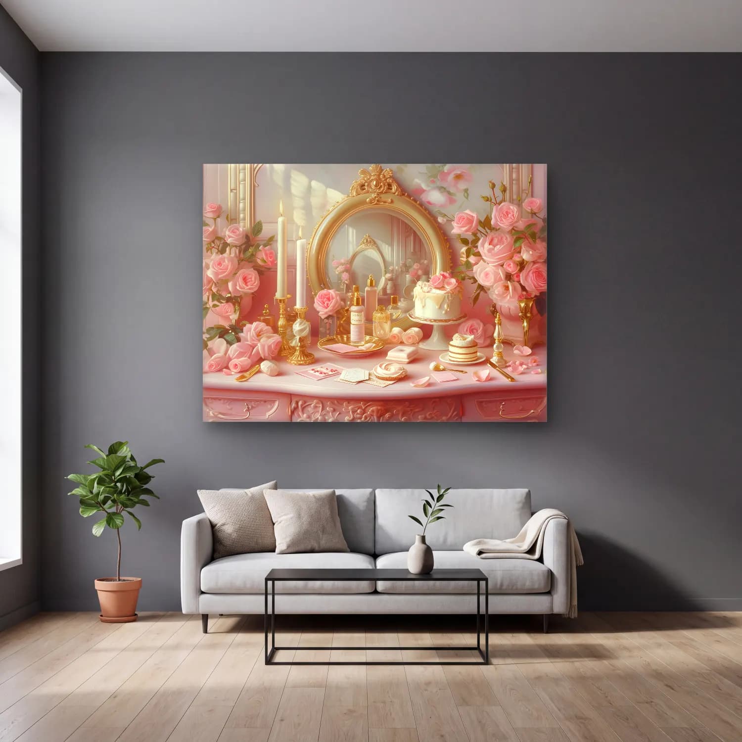 Pastel Tatlılar No. 3 cam tablo — gri duvarlı salonda