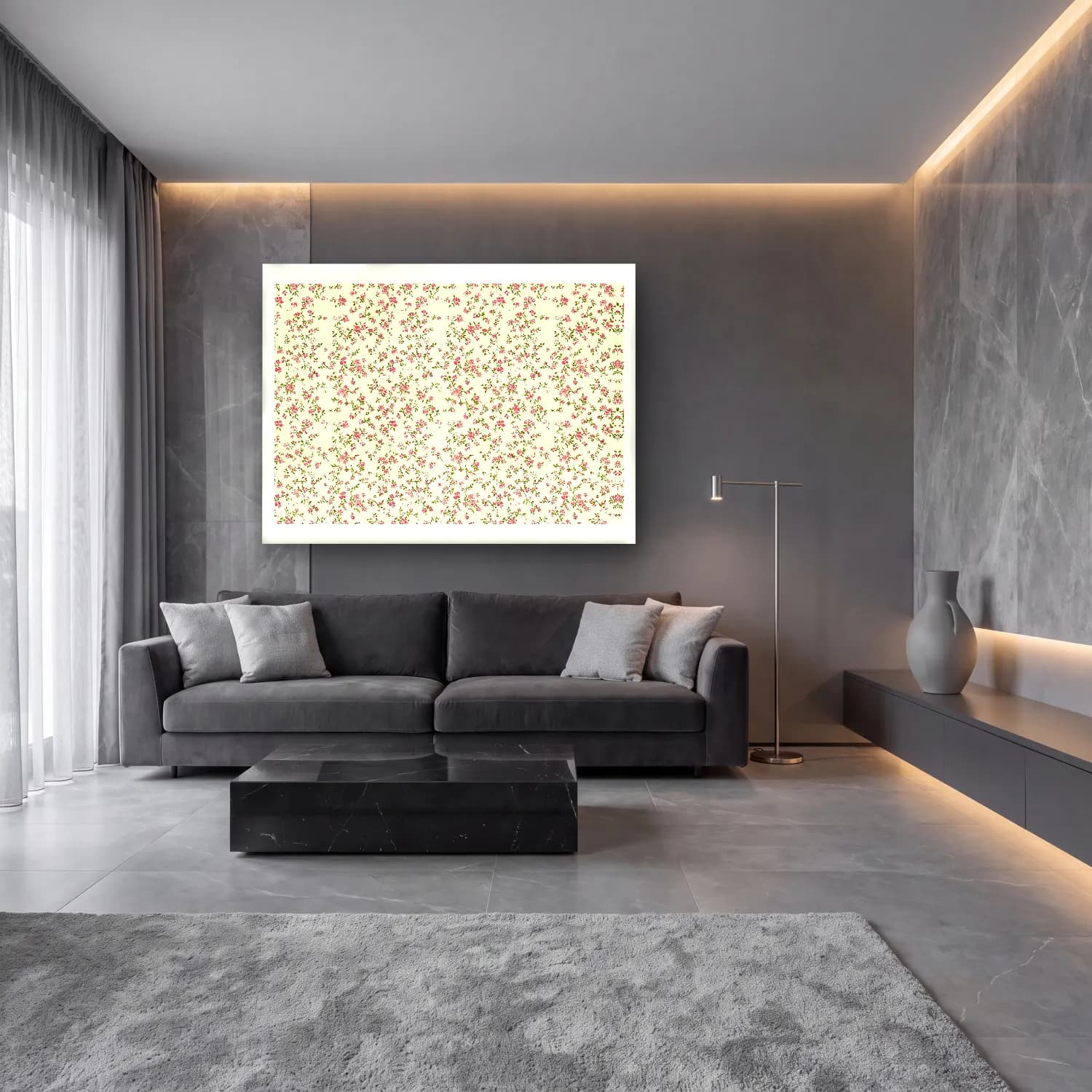 Pastel Çiçek Deseni No. 36 cam tablo — lüks salon duvarında