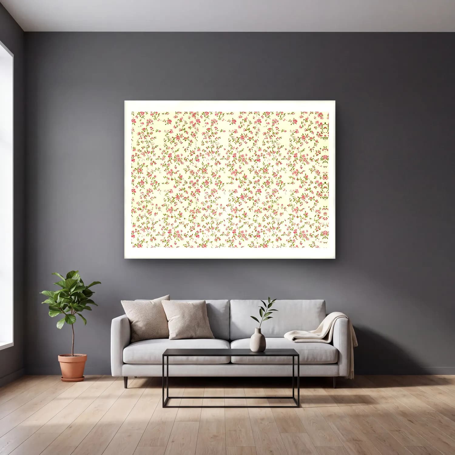 Pastel Çiçek Deseni No. 36 cam tablo — gri duvarlı salonda