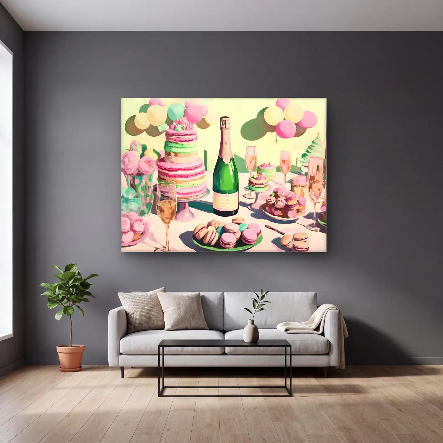 Pastel Tatlılar No. 4 cam tablo — gri duvarlı salonda