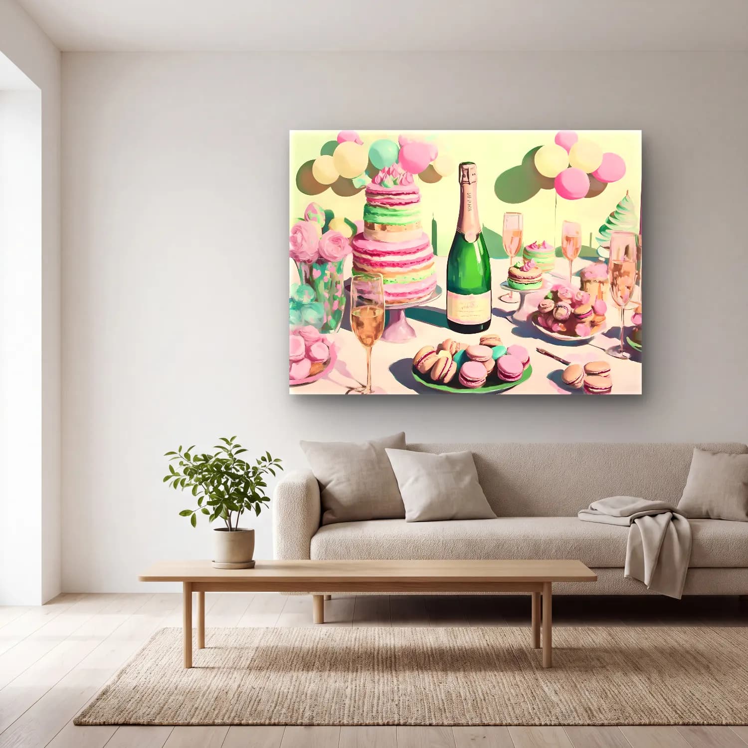Pastel Tatlılar No. 4 cam tablo — açık renk salonda