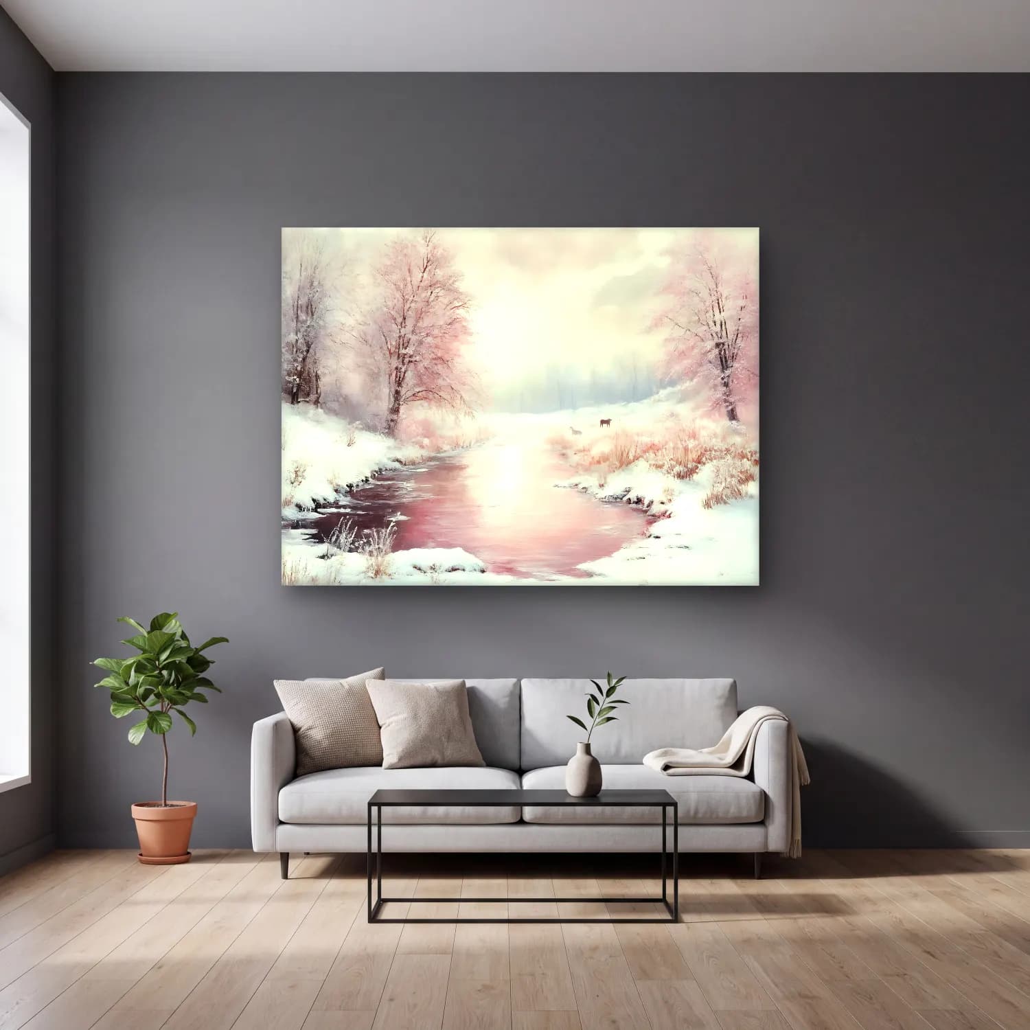 Pastel Karlı Kış Manzarası No. 8 cam tablo — gri duvarlı salonda