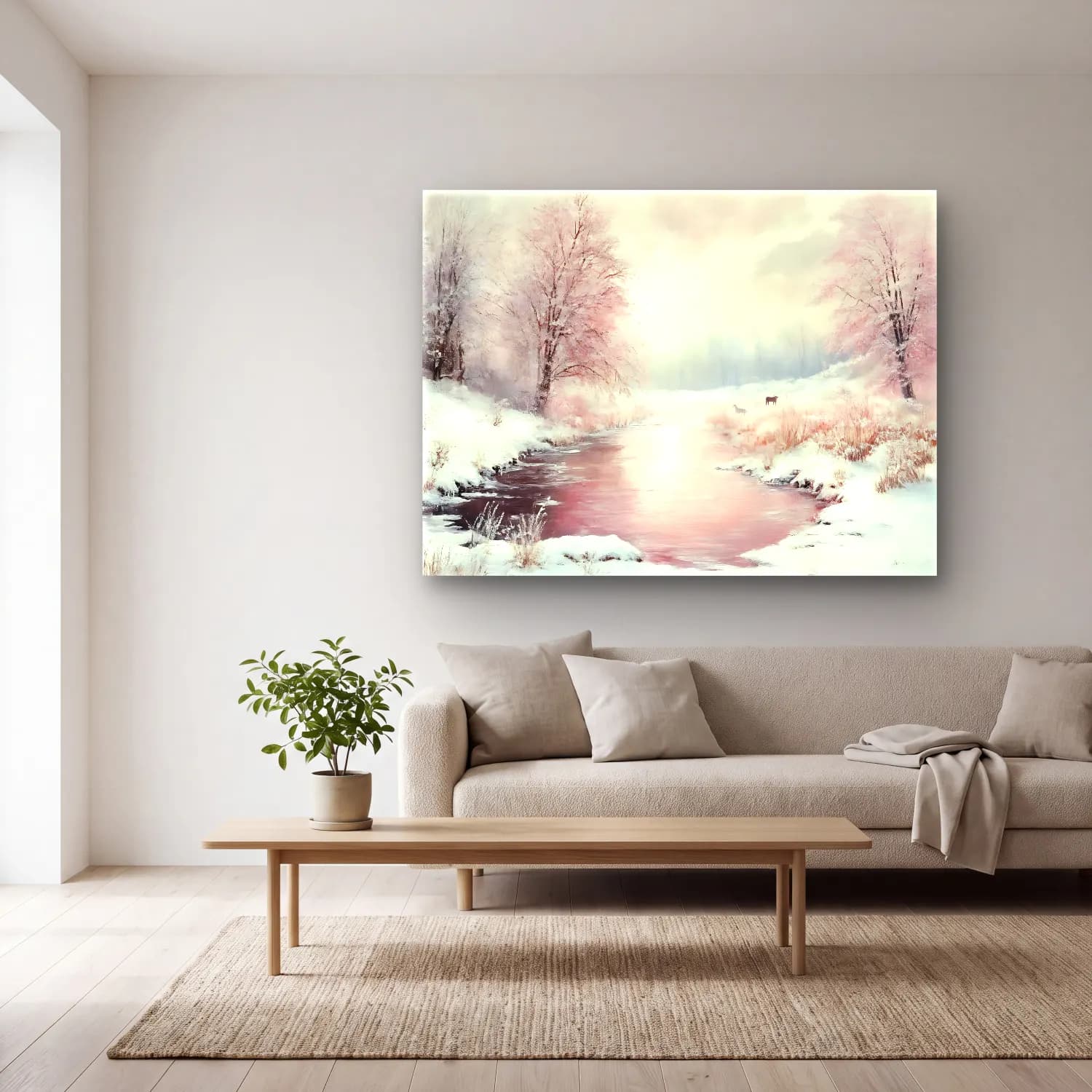 Pastel Karlı Kış Manzarası No. 8 cam tablo — açık renk salonda
