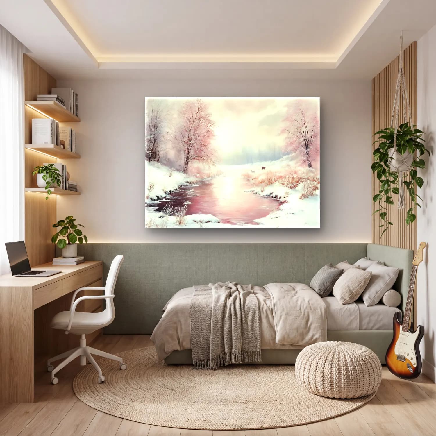 Pastel Karlı Kış Manzarası No. 8 cam tablo — genç odasında
