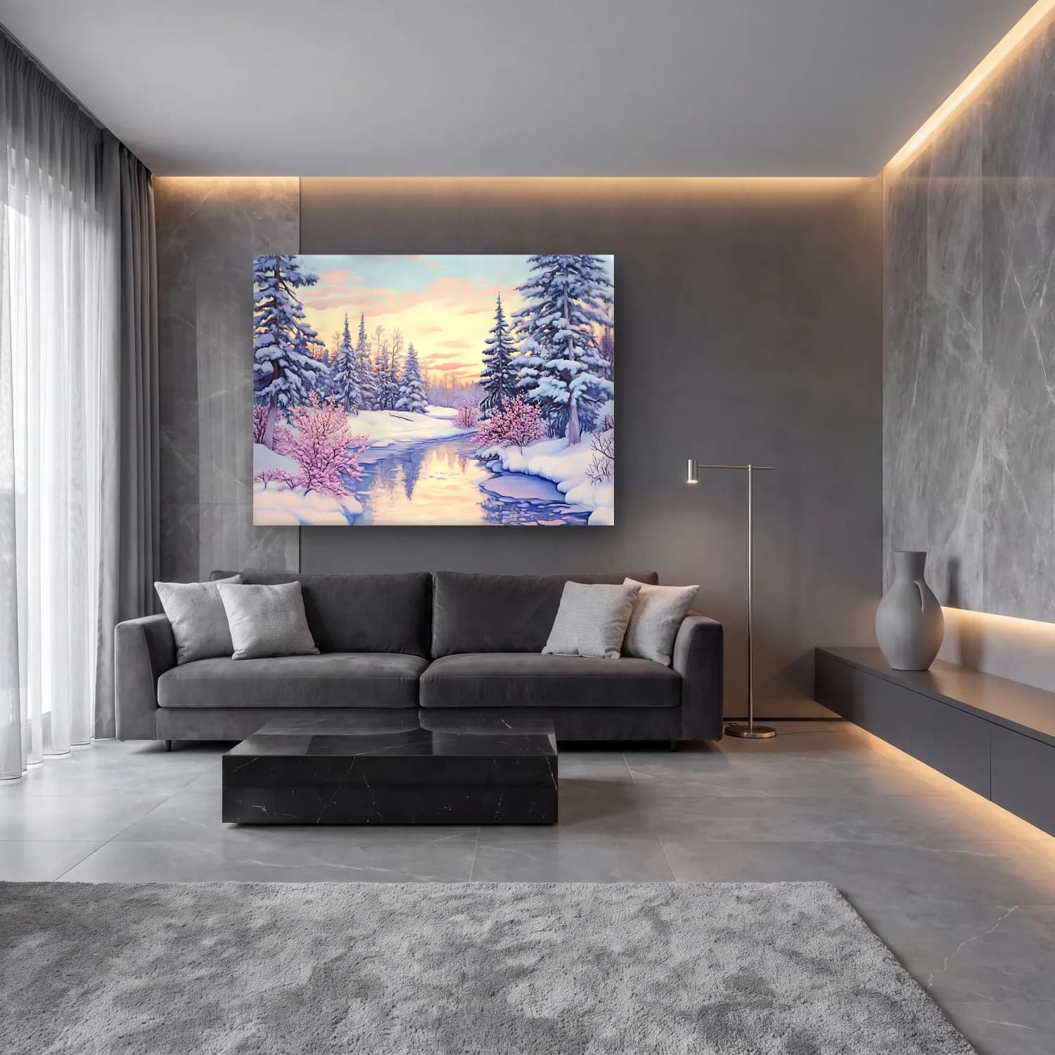 Pastel Karlı Kış Manzarası No. 9 cam tablo — lüks salon duvarında