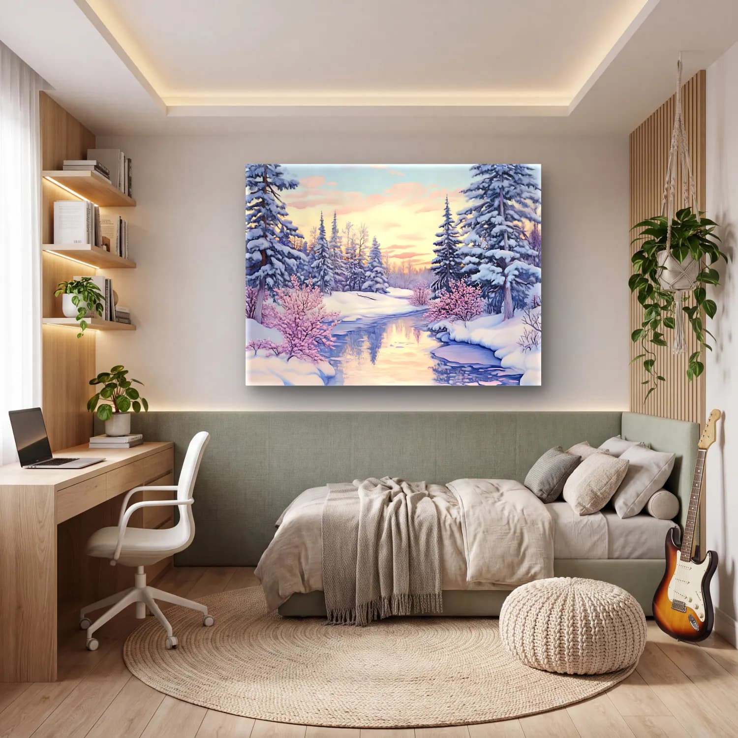 Pastel Karlı Kış Manzarası No. 9 cam tablo — genç odasında