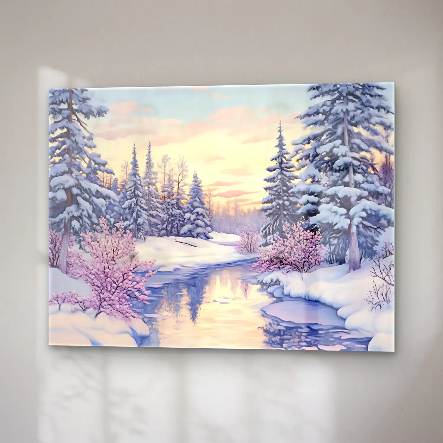Pastel Karlı Kış Manzarası No. 9 cam tablo — sağ açıdan görünüm