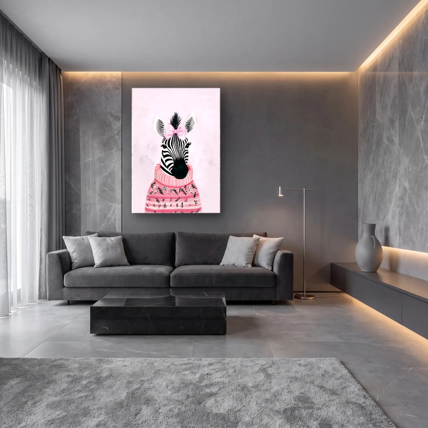Sevimli İllüstrasyon Zebra – Pembe Tonlar cam tablo — lüks salon duvarında