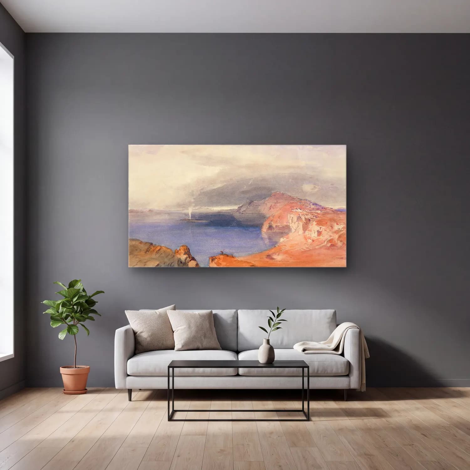 Carl Rottmann – Santorini (Thira) (ca. 1843) cam tablo — gri duvarlı salonda