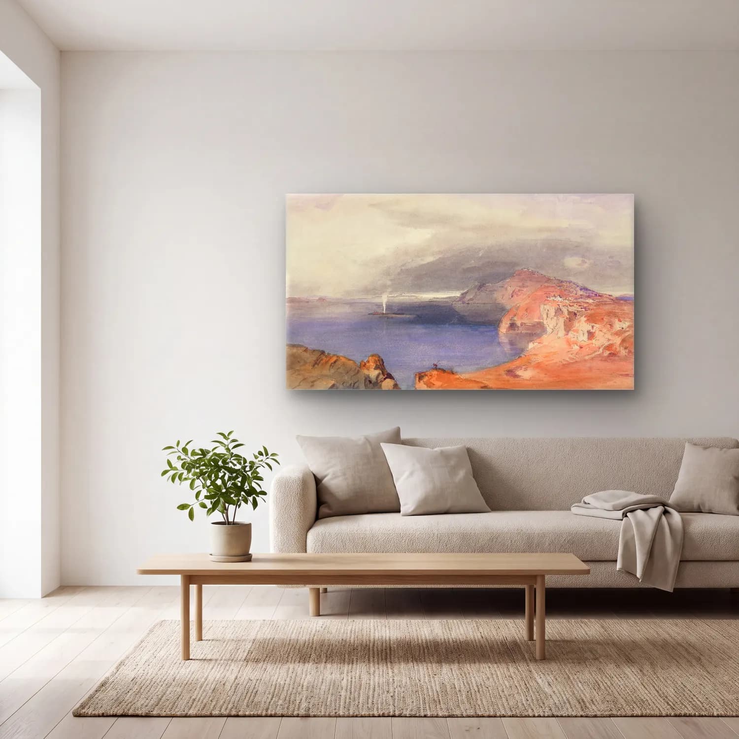 Carl Rottmann – Santorini (Thira) (ca. 1843) cam tablo — açık renk salonda